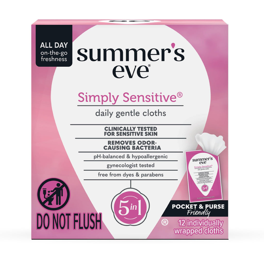 Summer's Eve Simply Sensitive Daily Refreshing Feminine Wipes, Removes Odor, pH Balanced, 12 Count, 1 Pack