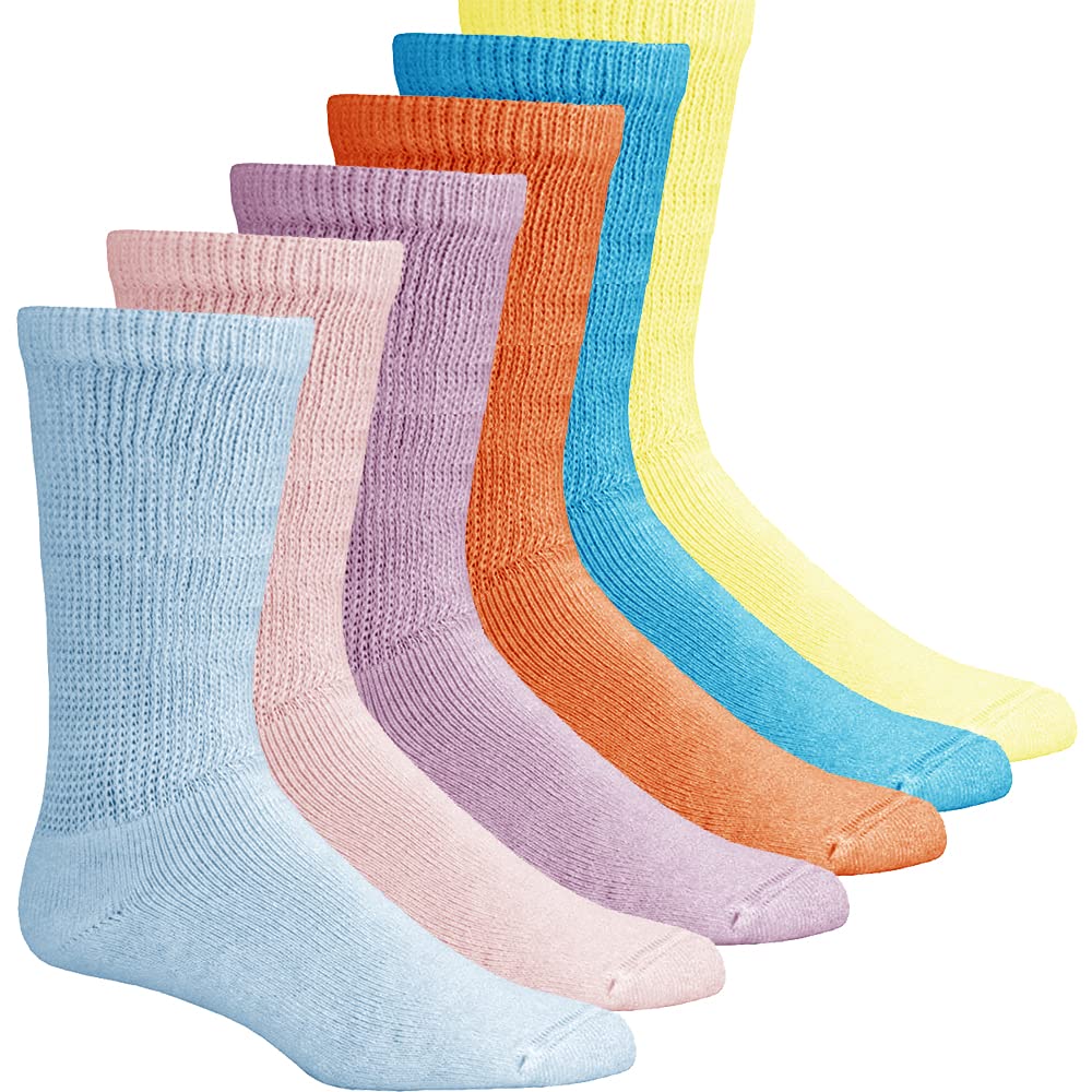 TZ Promise Lot 6 Pairs Women's Circulatory Diabetic Non-Binding Cotton Crew Socks Size 9-11 (Neon (6-Pairs))
