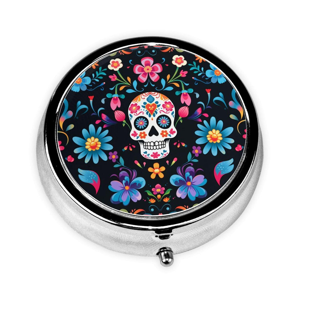 keluki Mexican Sugar Skulls Flowers Print Round Metal Pill Box with 3 Compartment for Pocket or Purse Travel Bag Mini Small Size