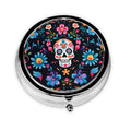 keluki Mexican Sugar Skulls Flowers Print Round Metal Pill Box with 3 Compartment for Pocket or Purse Travel Bag Mini Small Size