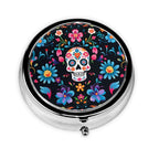 keluki Mexican Sugar Skulls Flowers Print Round Metal Pill Box with 3 Compartment for Pocket or Purse Travel Bag Mini Small Size
