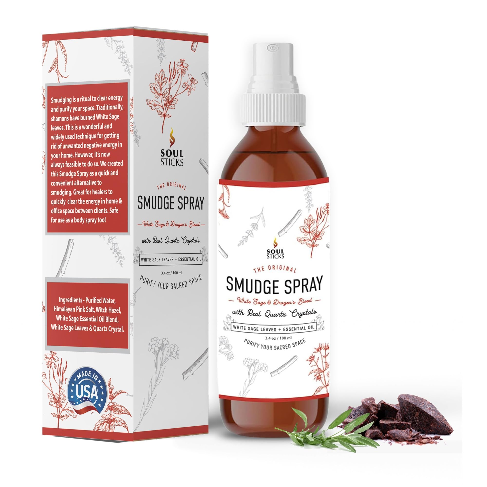 SOUL STICKS White Sage & Dragons Blood Smudge Spray - 3.5oz Smokeless Energy Mist with Quartz Crystals - Protective Smudging Spr