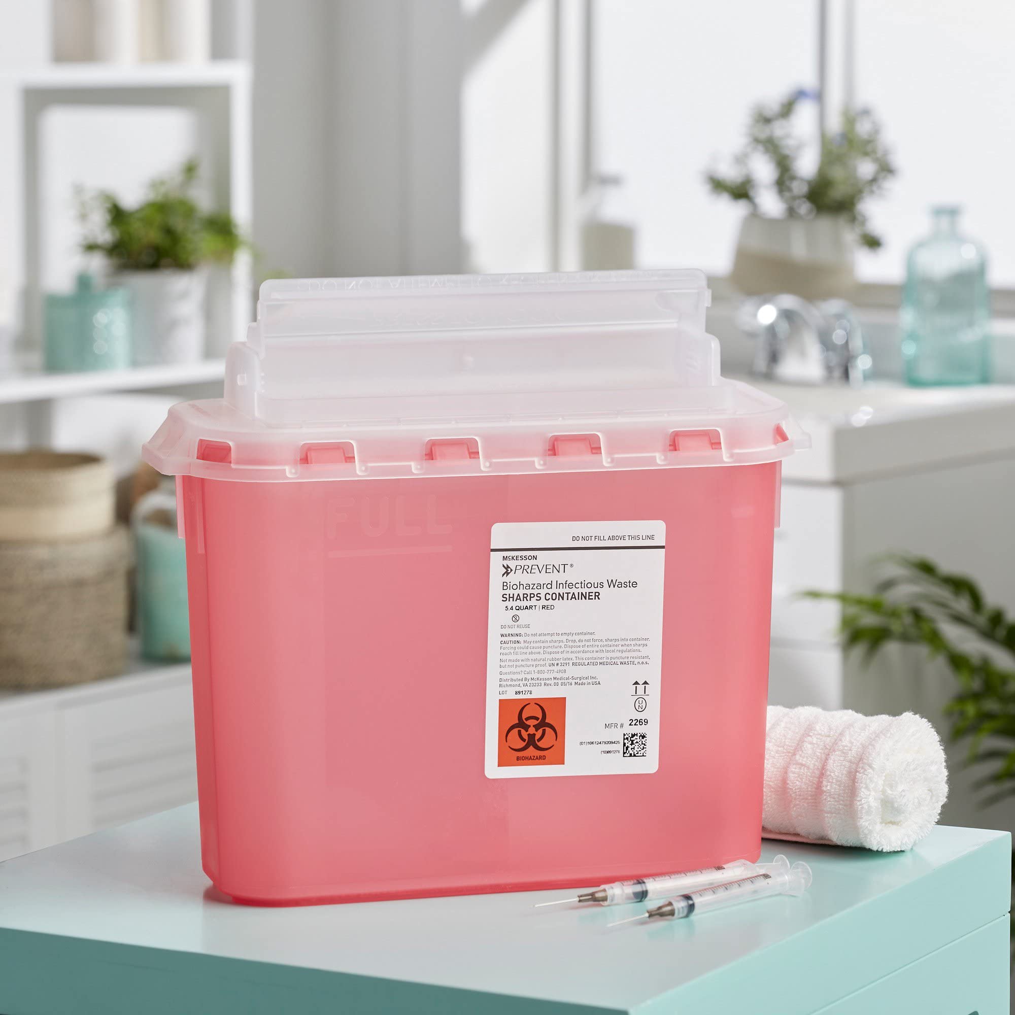 McKesson Prevent Sharps Container for Home Use, 5.4 Quart - for Biohazard Infectious Waste, Needle and Syringe Disposal - Transl