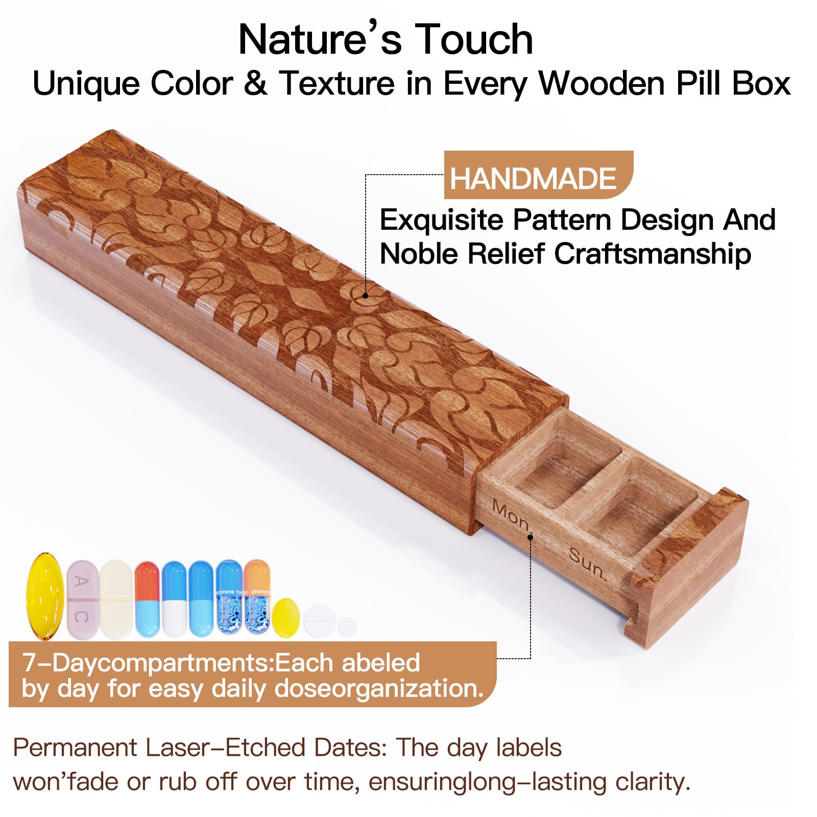 Wooden Pill Organizer, 7 Day Pill Box, Travel Pill Box, Wooden Pill Case Privacy Protection Perfect for Medication, Vitamins, Fi