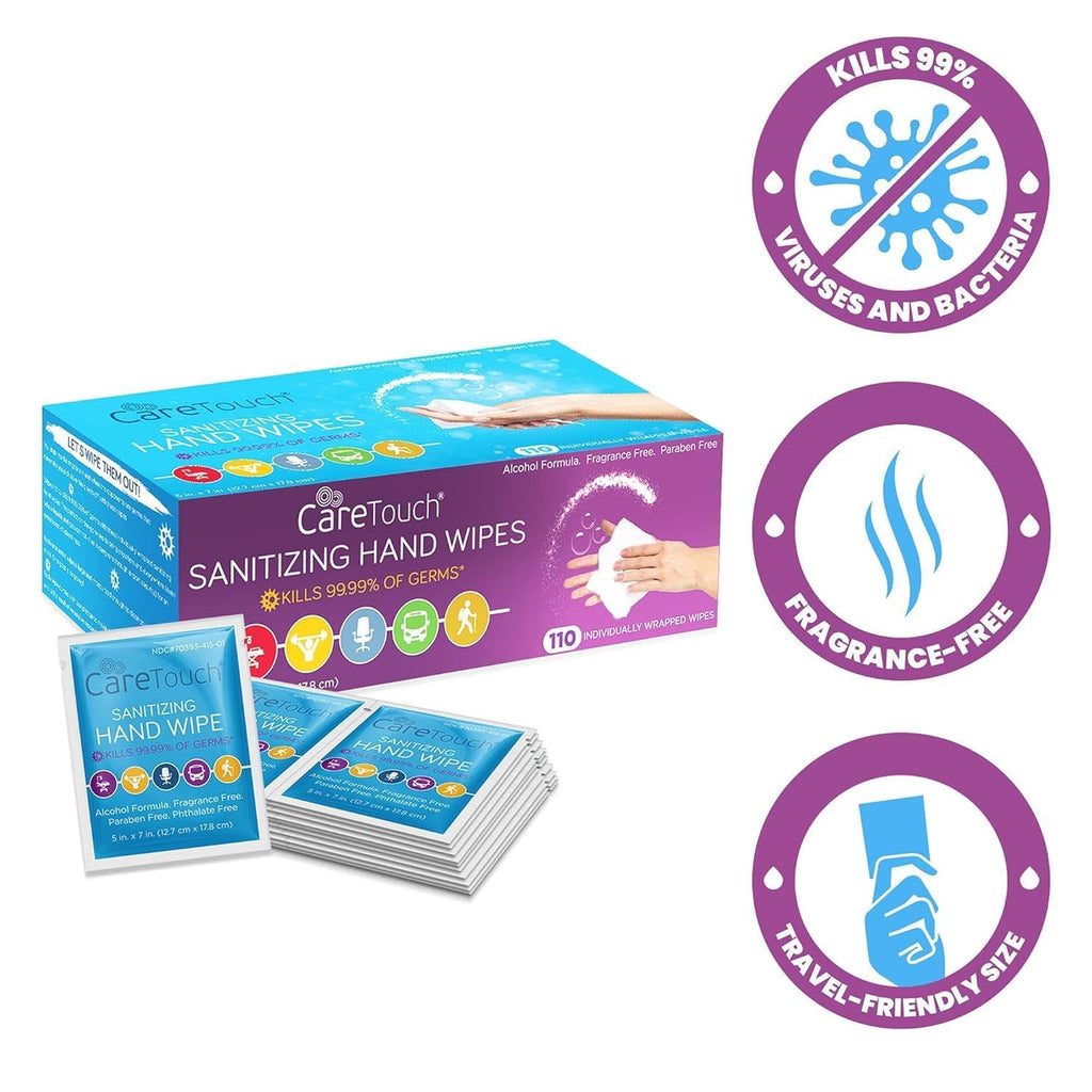 Care Touch Hand Sanitizer Wipes - 110 Hand Wipes Individually Wrapped - Travel Size - Sanitizing Wet Wipes for Home, Office & Ou