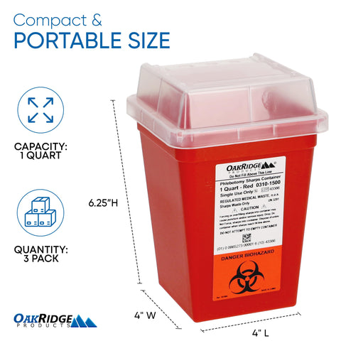 Oakridge Products Sharps Container for Home Use and Professional 1 Quart, Biohazard Needle and Syringe Disposal, Small Portable 