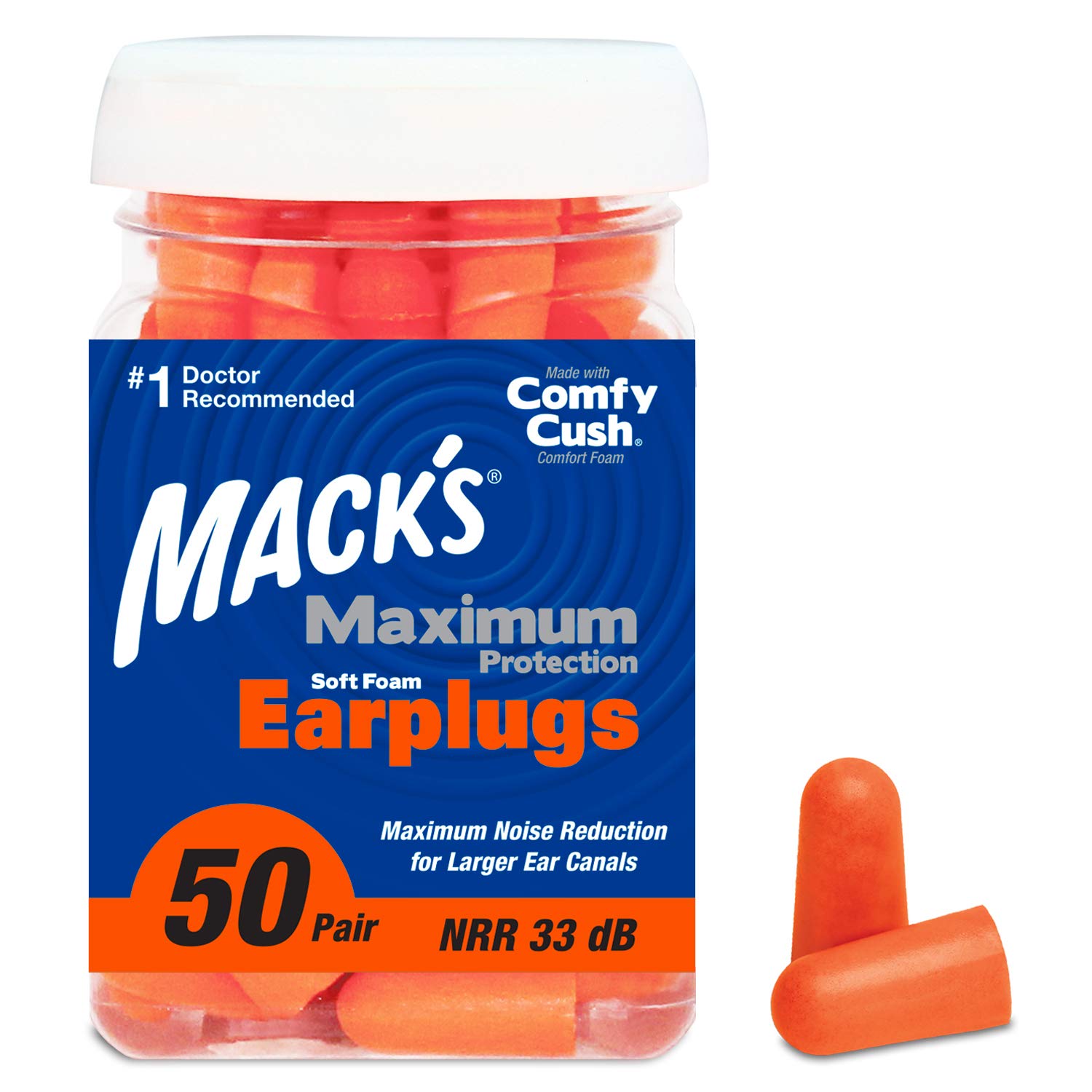 Macks Maximum Protection Soft Foam Earplugs - 50 Pair, 33 dB Highest NRR - Comfortable Ear Plugs for Sleeping, Snoring, Loud Con