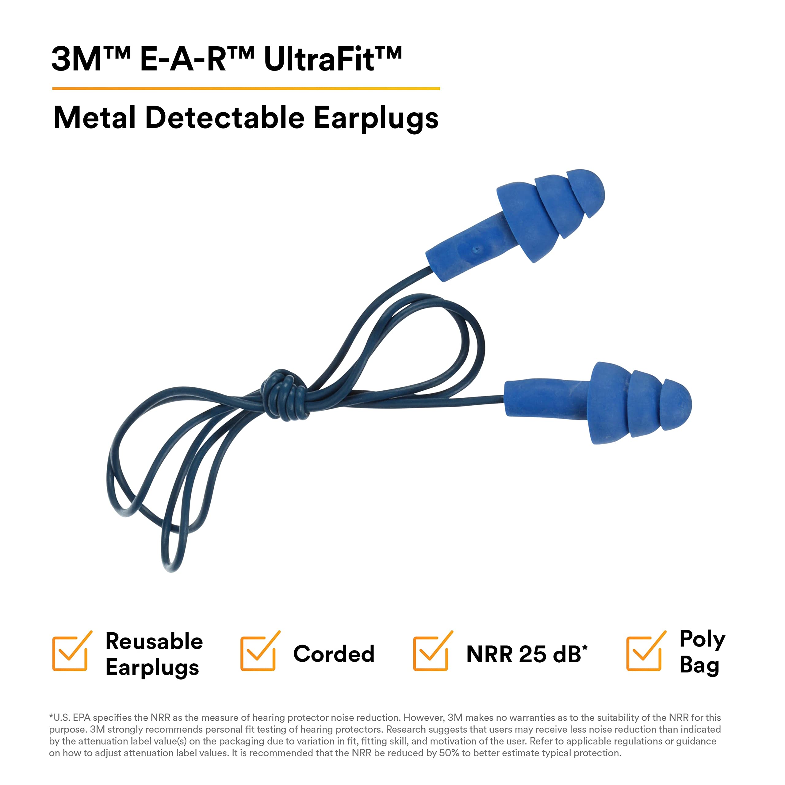 3M E-A-R UltraFit Earplugs 340-4007, Metal Detectable, Corded, Poly Bag, 400 Pair/Case