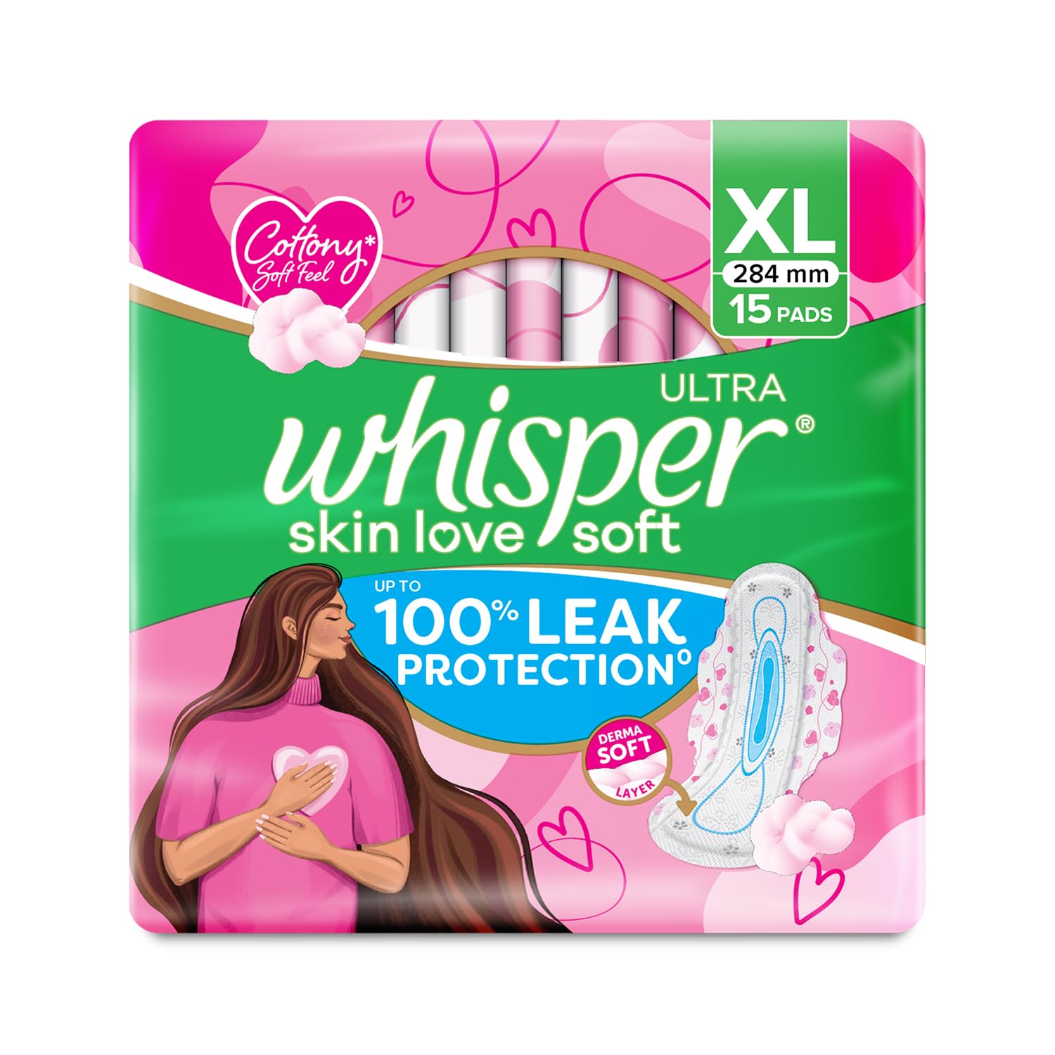 Whisper Ultra Skin Love Soft Sanitary Pads, 15 Xl Pads, Cottony Soft Feel, Upto 100% Leak* Protection, Disposable Wrapper, Locks