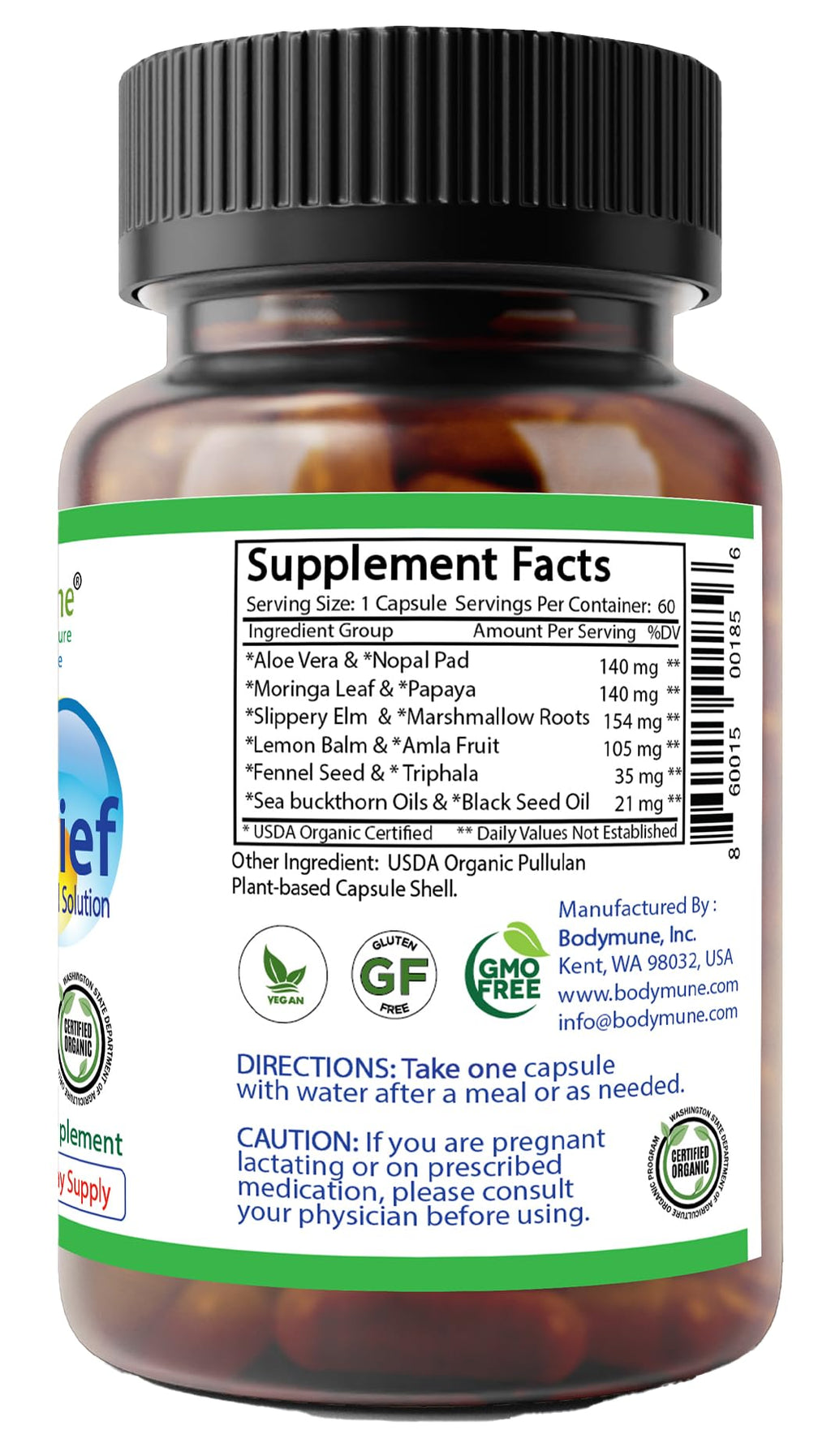 Bodymune AcidRelief Acid Reducer Acid Indigestion Relief Supplement for Occasional Acid Reflux & Antacid, USA-Made USDA Organic