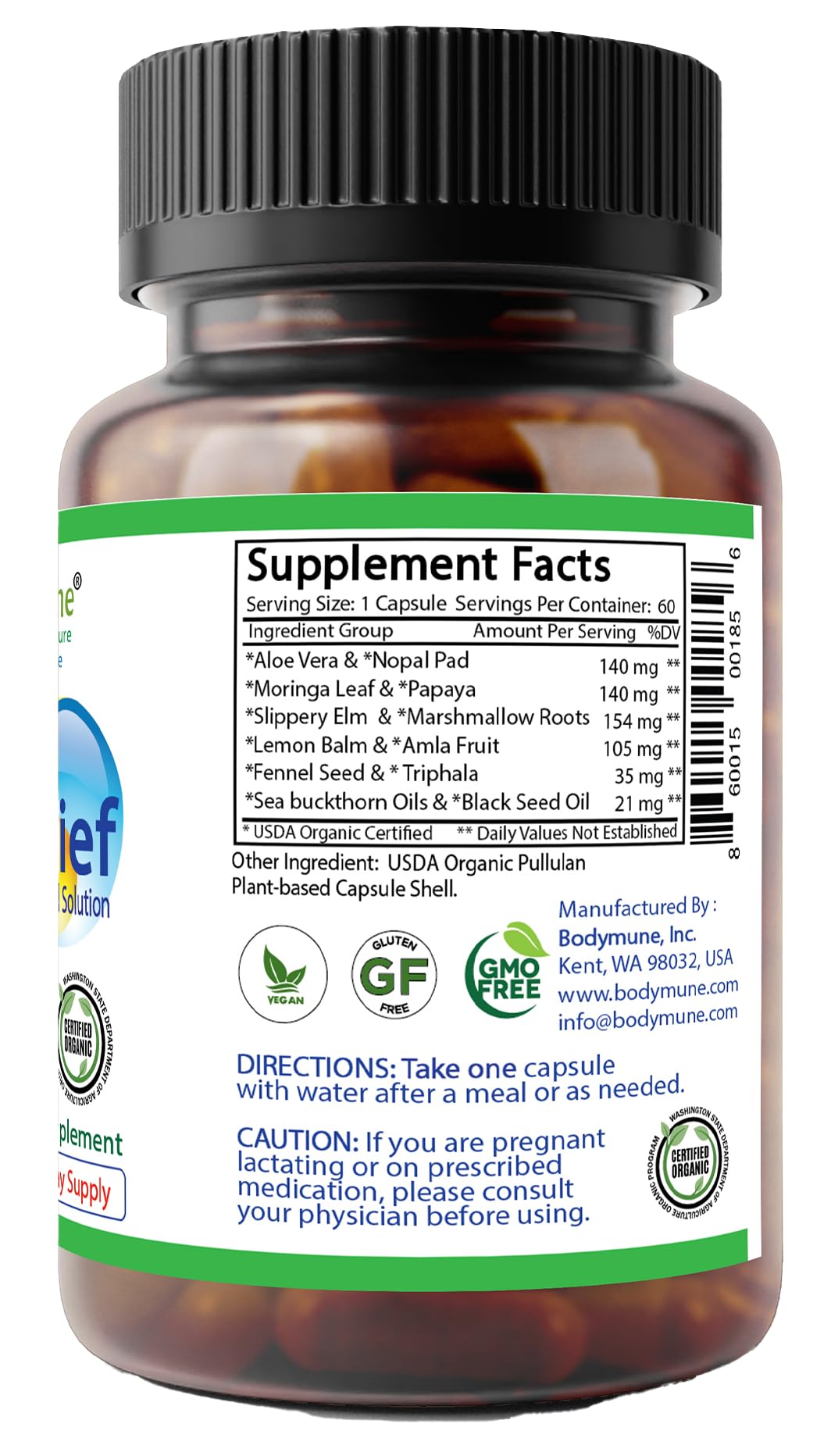 Bodymune AcidRelief Acid Reducer Acid Indigestion Relief Supplement for Occasional Acid Reflux & Antacid, USA-Made USDA Organic