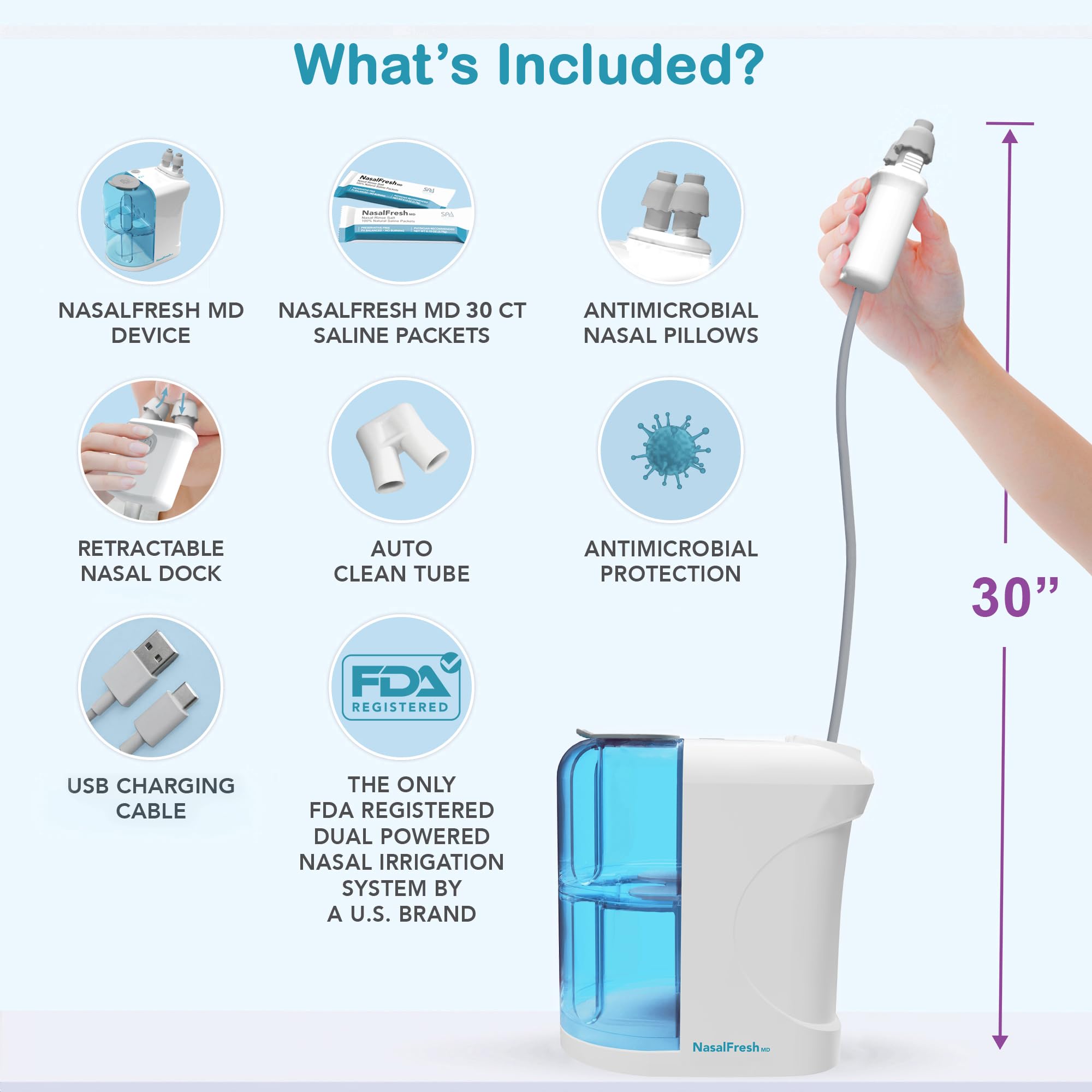 NASALFRESH MD - Dual Powered Nasal Irrigation System Nasal Rinse and Wash - Sinus Decongestant Relief System w/ 30 Saline Packet