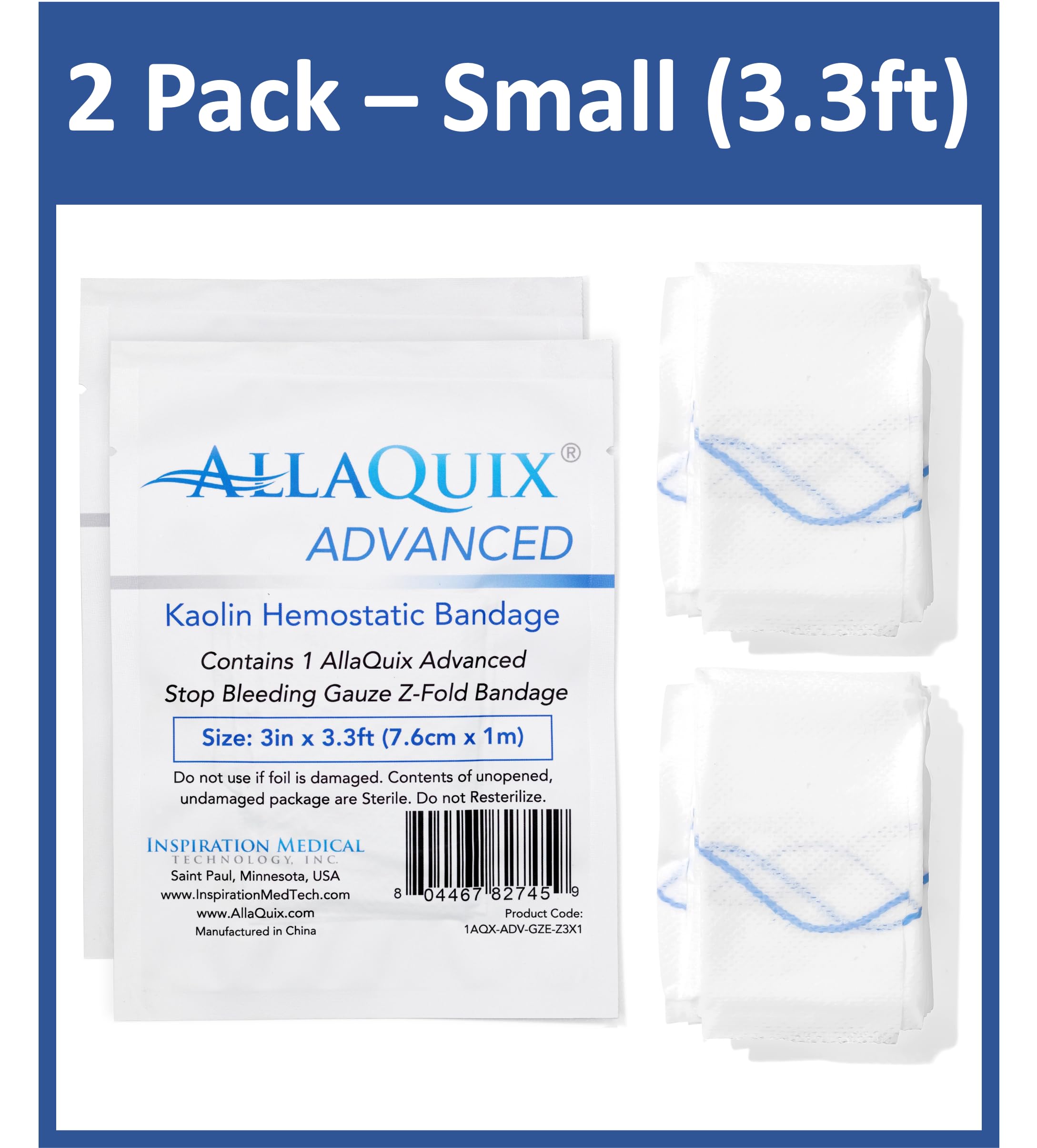 AllaQuix Advanced Kaolin Hemostatic Bandage - Sterile Z-Fold Clotting Gauze (3 in. x 3.3 ft) | Stops Bleeding Fast for Emergency