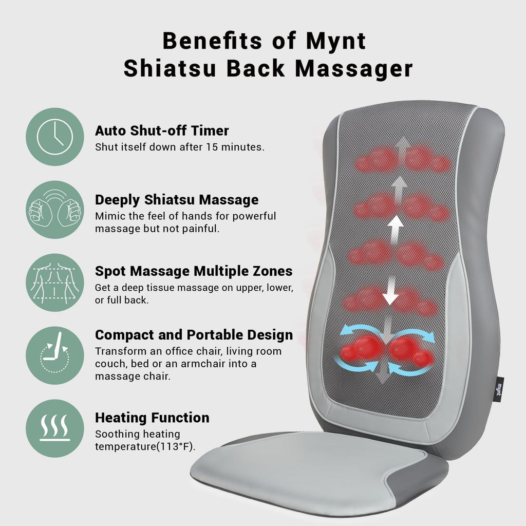 Mynt Gray Massage Chair Pad with 4 Deep Kneading Nodes, Shiatsu Back Massager for Chair with Heat, Heated Back Massage with a Cu