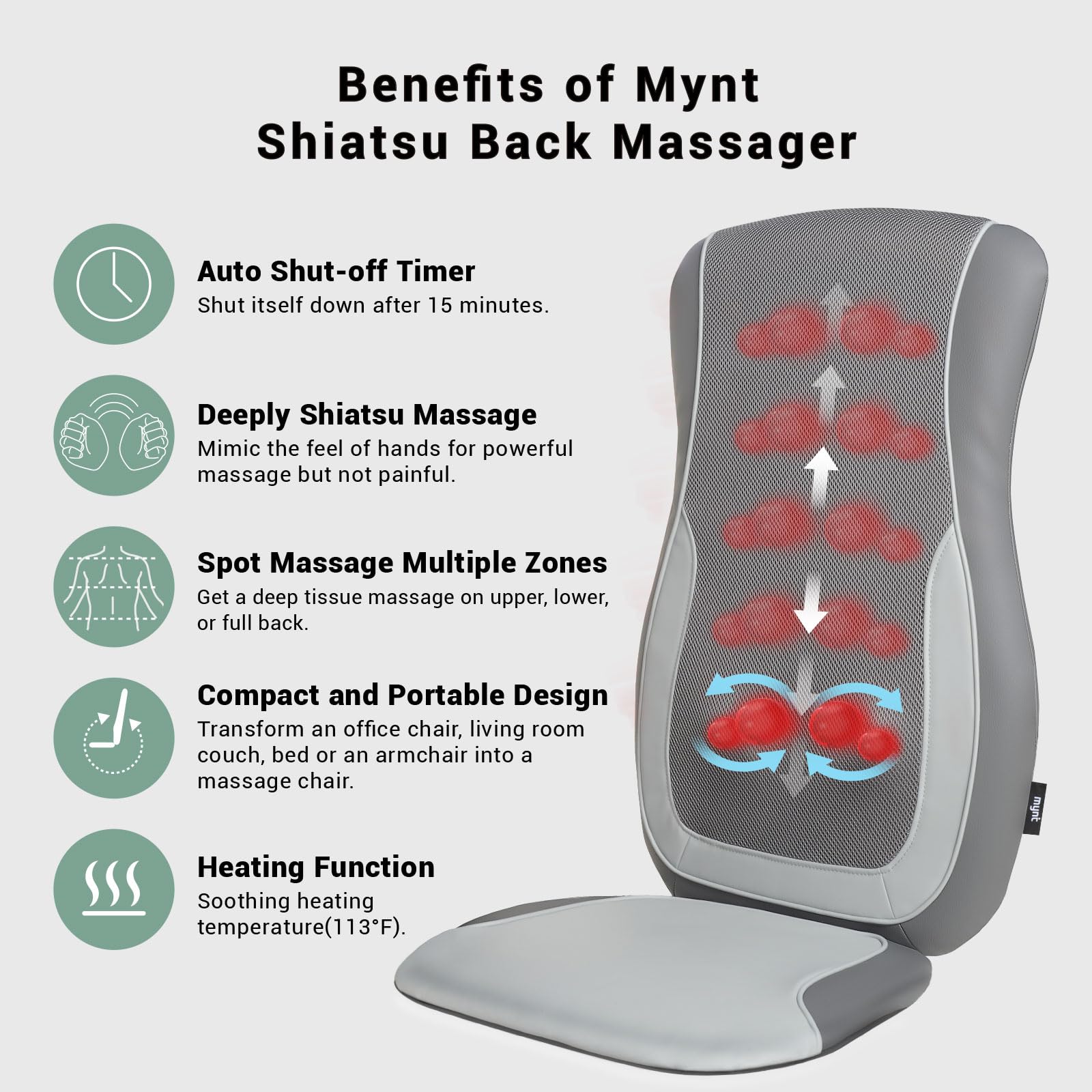 Mynt Gray Massage Chair Pad with 4 Deep Kneading Nodes, Shiatsu Back Massager for Chair with Heat, Heated Back Massage with a Cu