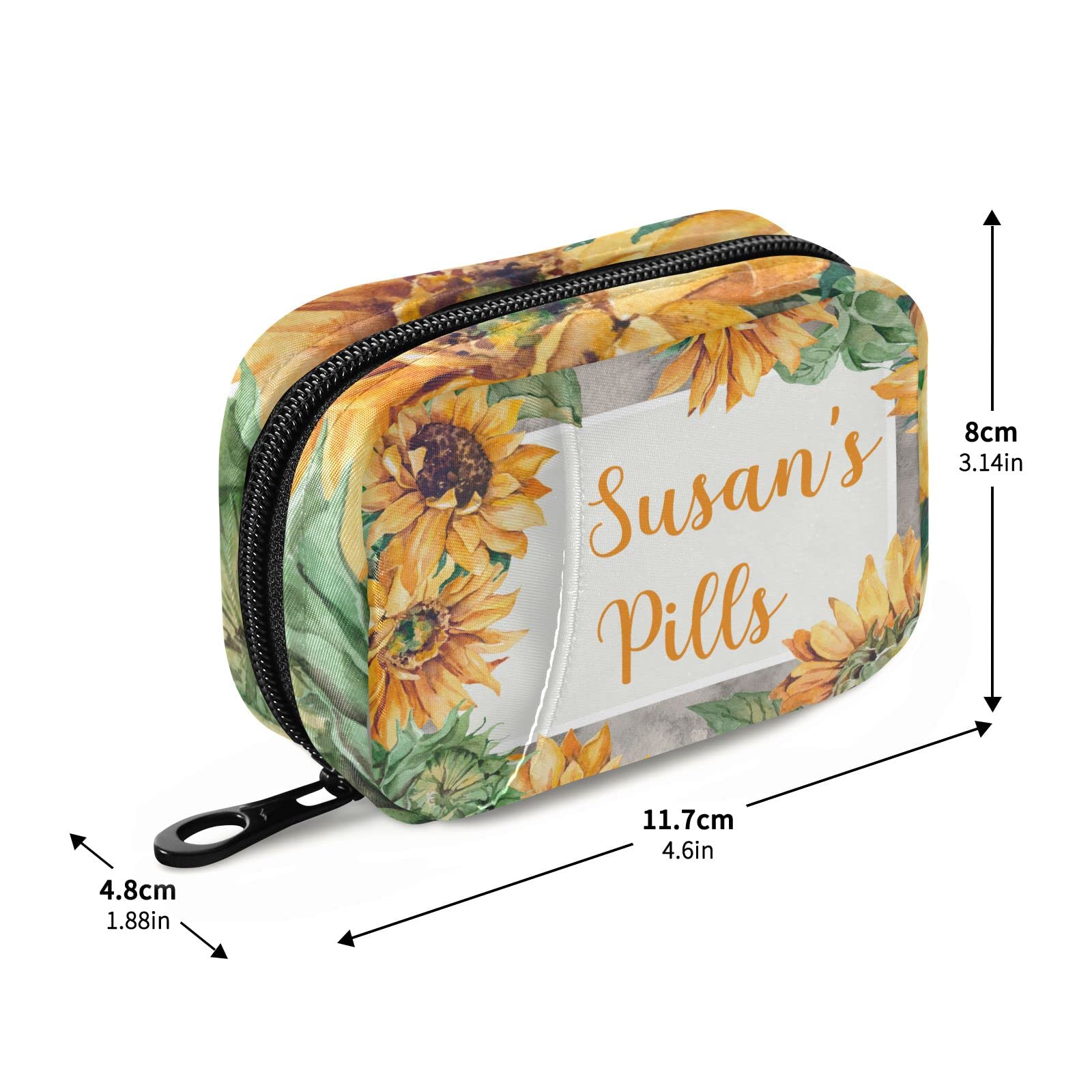 Custom Pill Box 7 Day Pill Case Bag Sunflower Personalized Name Travel Pill Organizer Bag with Zipper Portable Weekly Case Compa