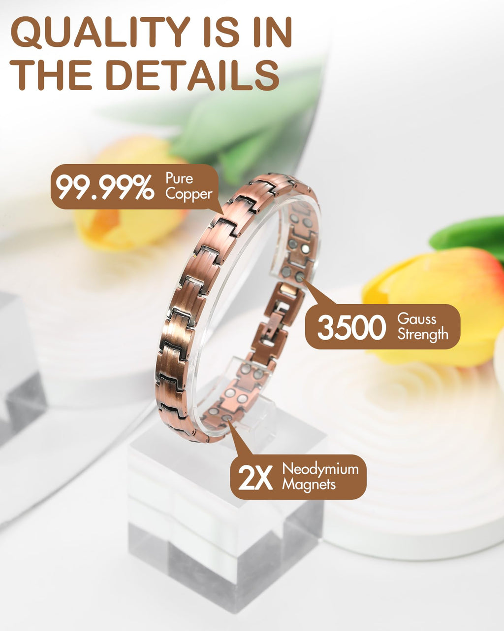 Feraco Copper Bracelets for Women, 2X Ultra Strength Magnetic Bracelet with 3500 Gauss Magnets, Adjustable with Sizing Tool, 99.