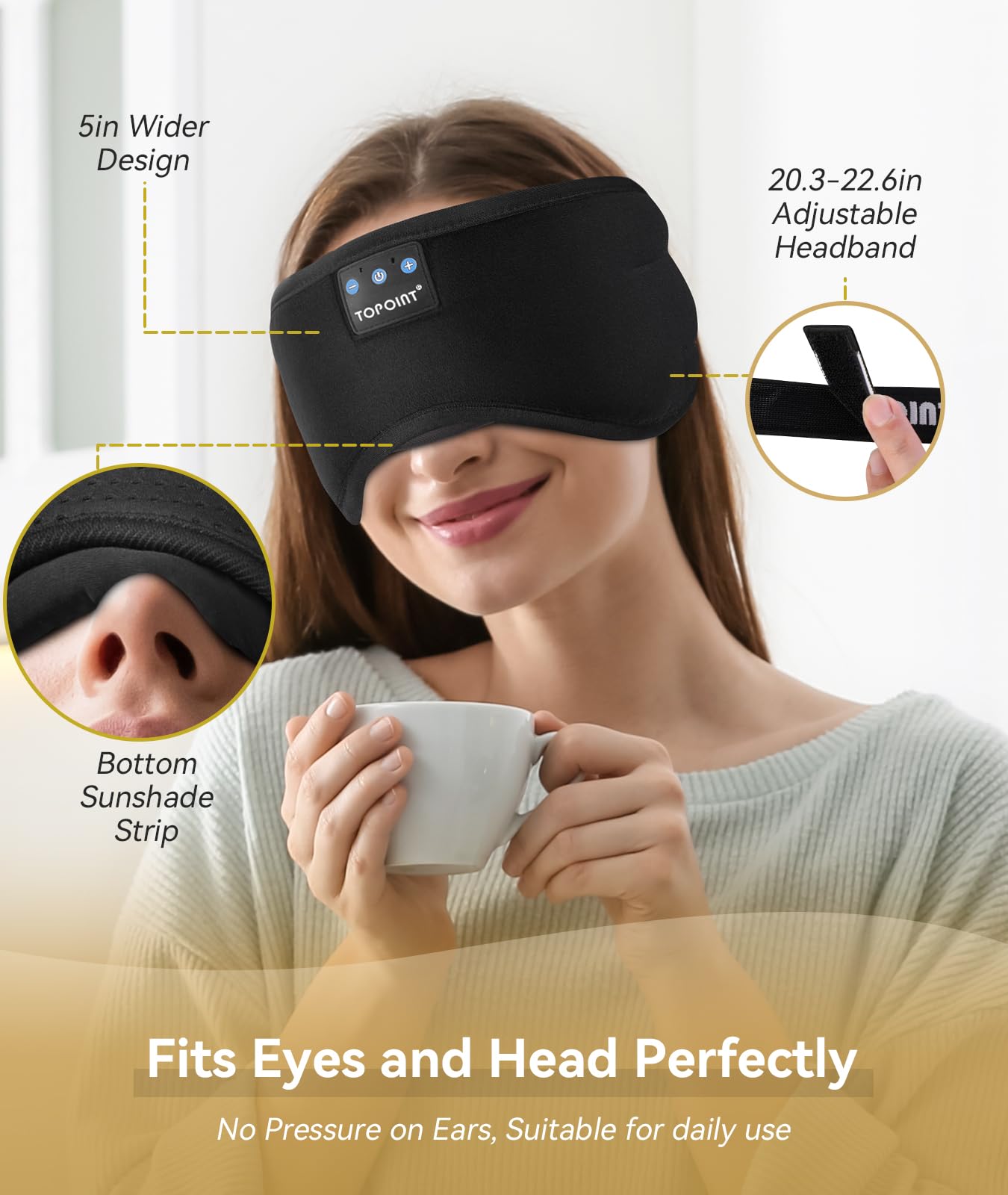 TOPOINT Sleep Mask with Headphones Bluetooth 5.2 Wireless, Sleep Headphone with Microphone Built-in HD Speakers Music, Eye Mask