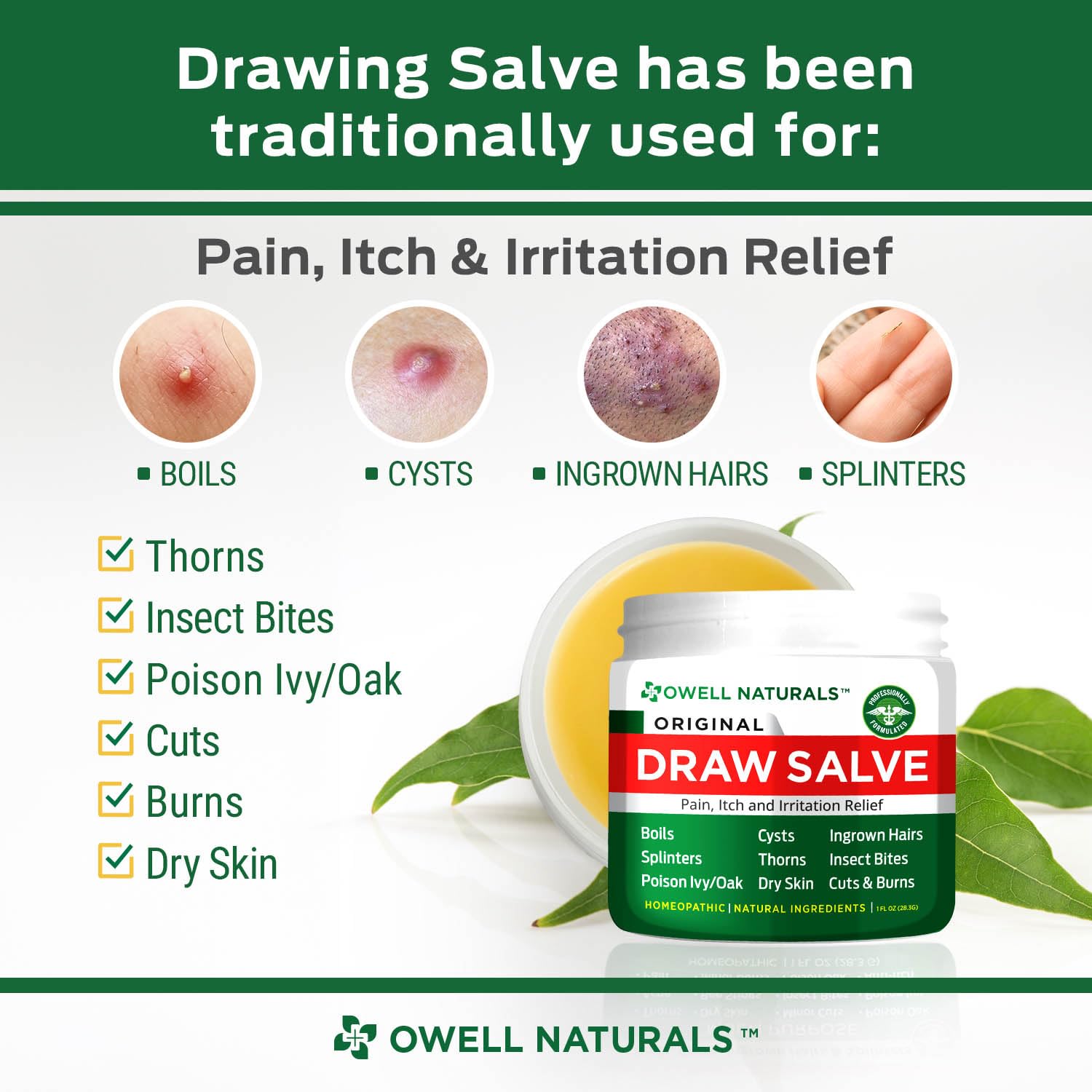 OWELL NATURALS Drawing Salve Ointment Fast Acting Formula for Skin, Splinters, Ingrown Hairs, Boils & Cyst, Bug Bites, bee Sting