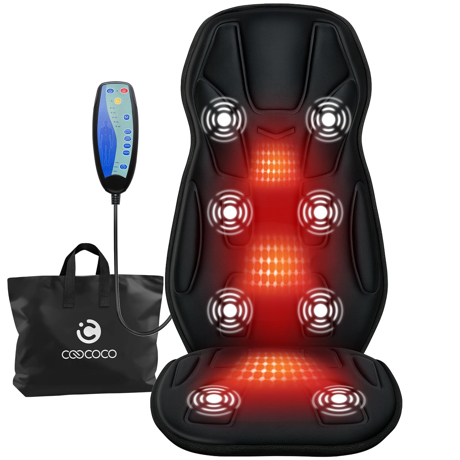 CooCoCo Back Massager with Heat, 8 Vibrating Motors Massage Chair Pad with 2 Heating Levels, Massage Seat Cushion with Auto Shut