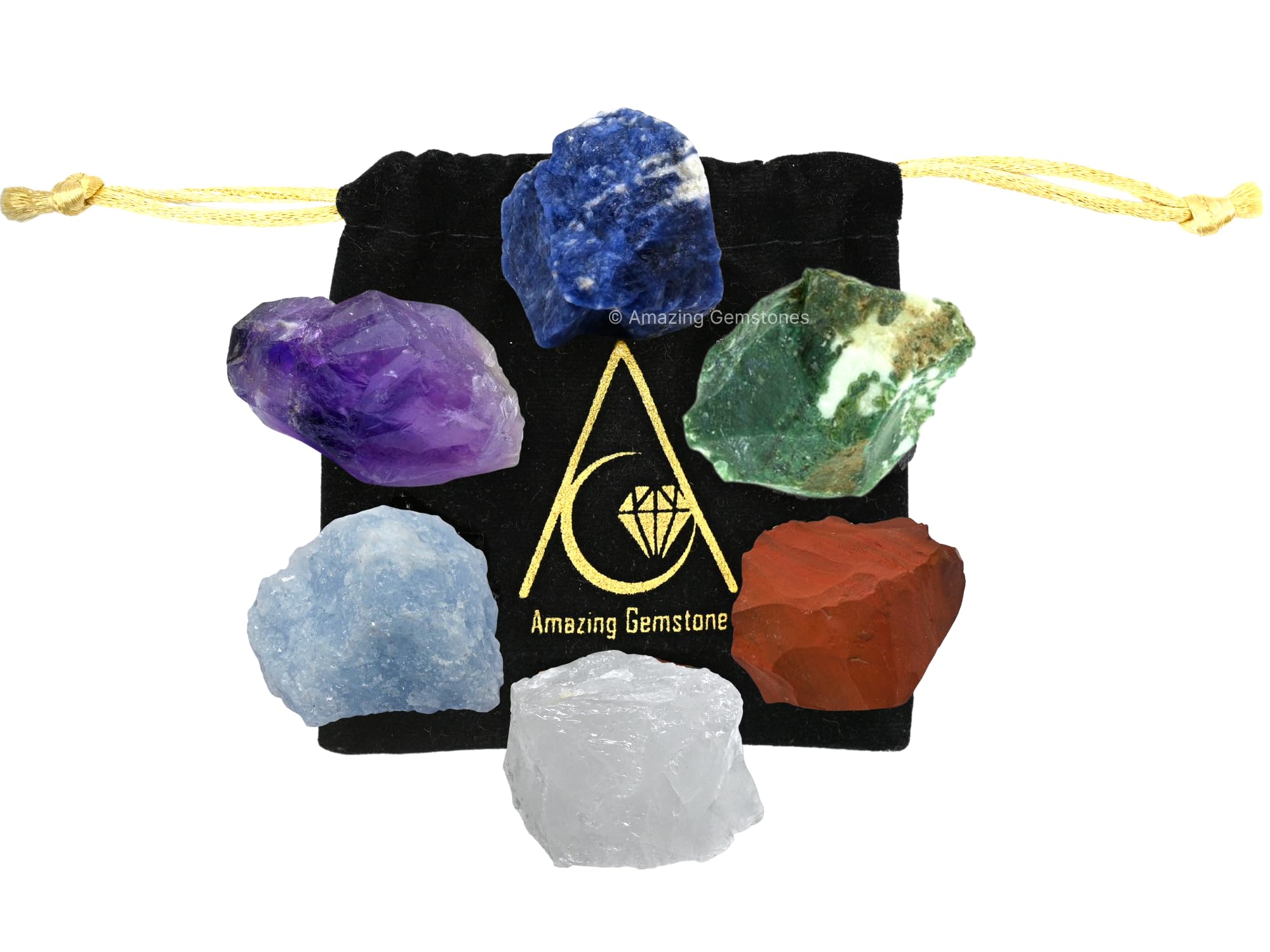 Crystals for Diabetes Support, Set of 6 Moss Agate, Blue Calcite, Sodalite, Clear Quartz, Red Jasper and Amethyst Healing Crysta