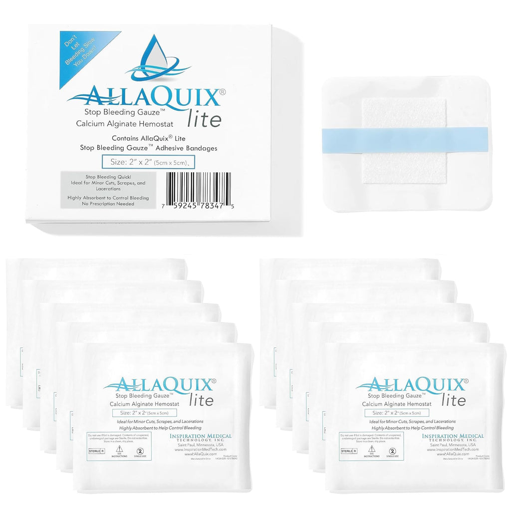 AllaQuix Lite Stop Bleeding Bandage - Calcium Alginate Wound Dressing (Large 2-inch Square) First Aid Hemostatic Gauze Adhesive 