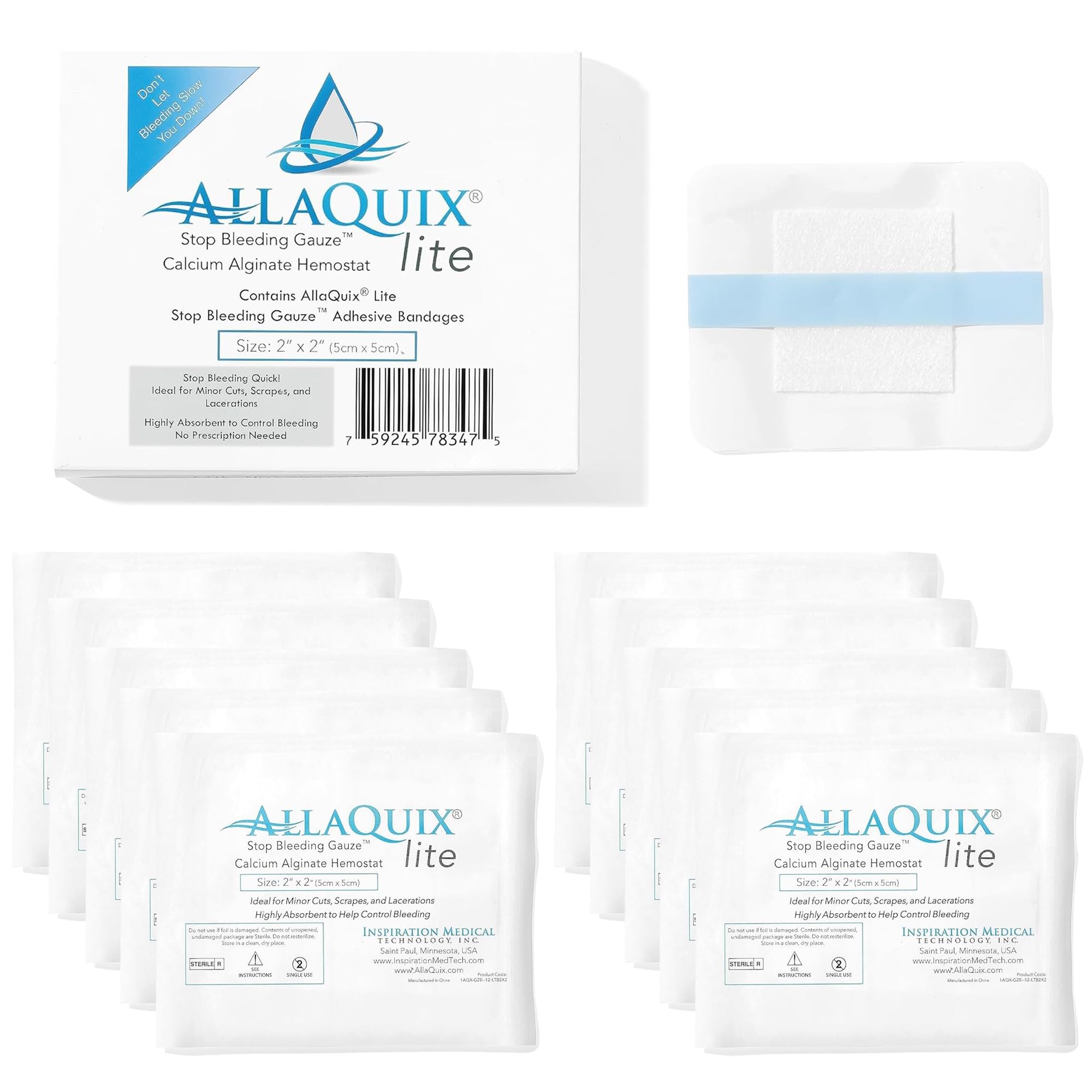 AllaQuix Lite Stop Bleeding Bandage - Calcium Alginate Wound Dressing (Large 2-inch Square) First Aid Hemostatic Gauze Adhesive 