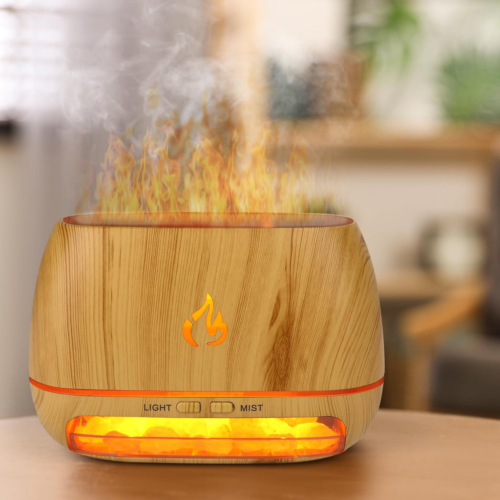 3-in-1 Himalayan Salt Rock Scent Diffuser, Ultrasonic Essential Oil Diffuser, Simulation Flame Diffuser, 7 Colors Changing Oil D