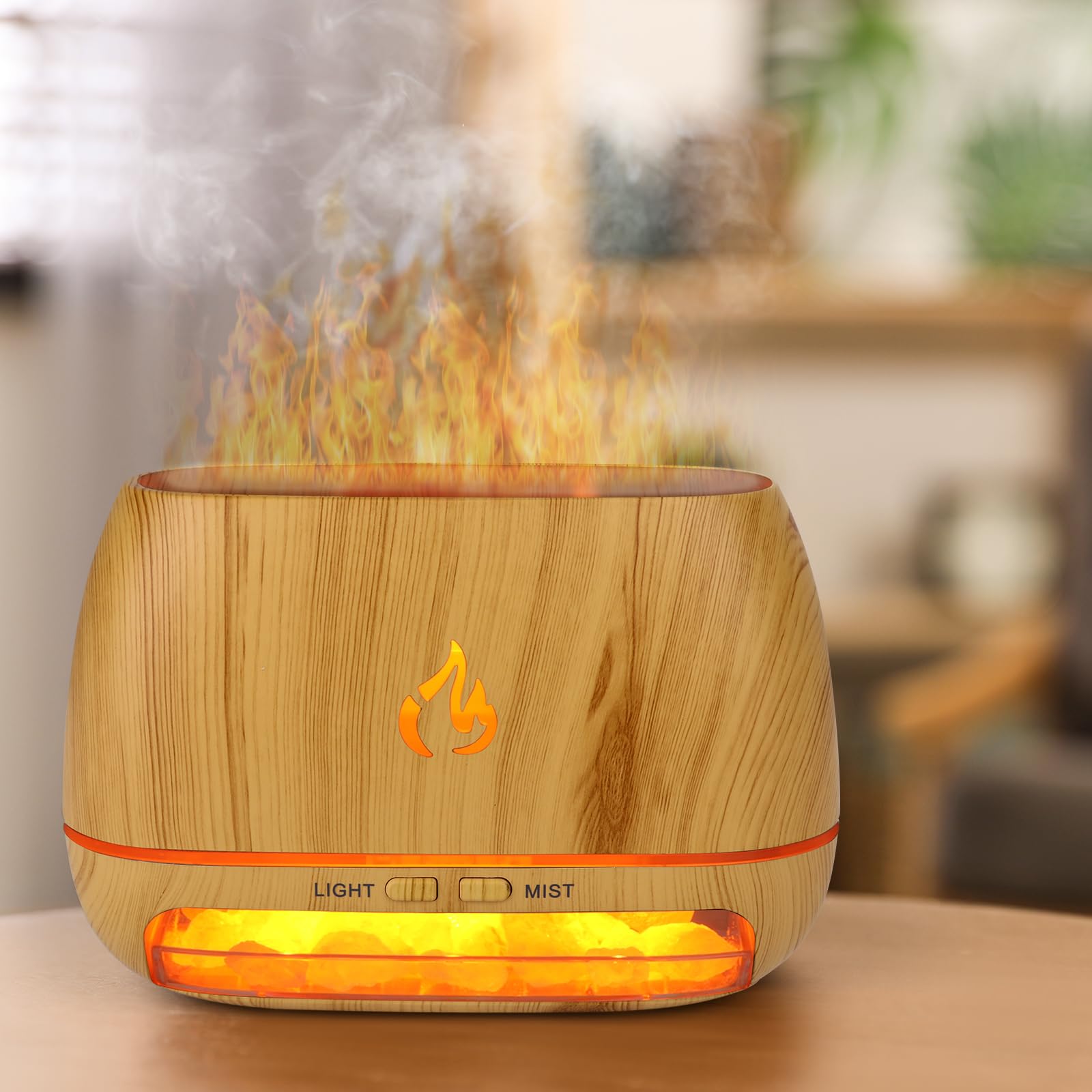 3-in-1 Himalayan Salt Rock Scent Diffuser, Ultrasonic Essential Oil Diffuser, Simulation Flame Diffuser, 7 Colors Changing Oil D
