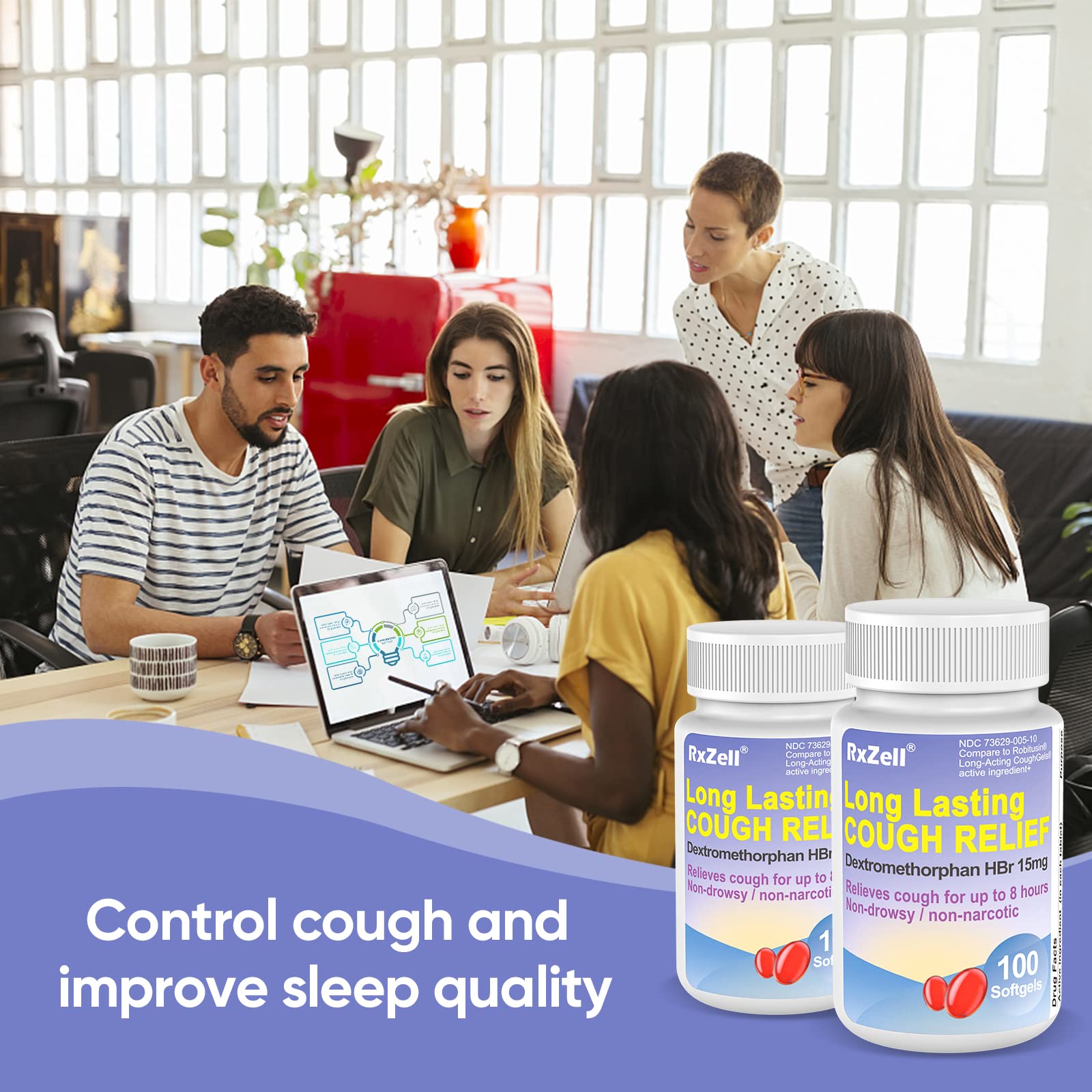 RXZELL Adult Cough Relief, Dextromethorphan HBr 15mg (100 Softgels), 8 Hour Long Lasting, Non-Drowsy, Cough/Bronchial Suppressan