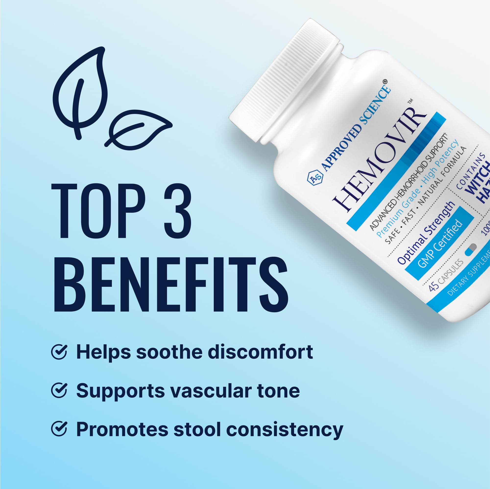 Approved Science Hemovir - Hemorrhoid Support Supplement - Witch Hazel, Horse Chestnut - 45 Capsules - 1 Bottle - Vegan