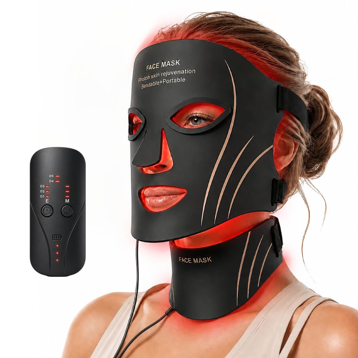 Red Light Therapy Mask for Face & Neck Skin Care, 7Color Infrared Facial Mask with 309 LED Chips, 5 Brightness, Rechargeable Co