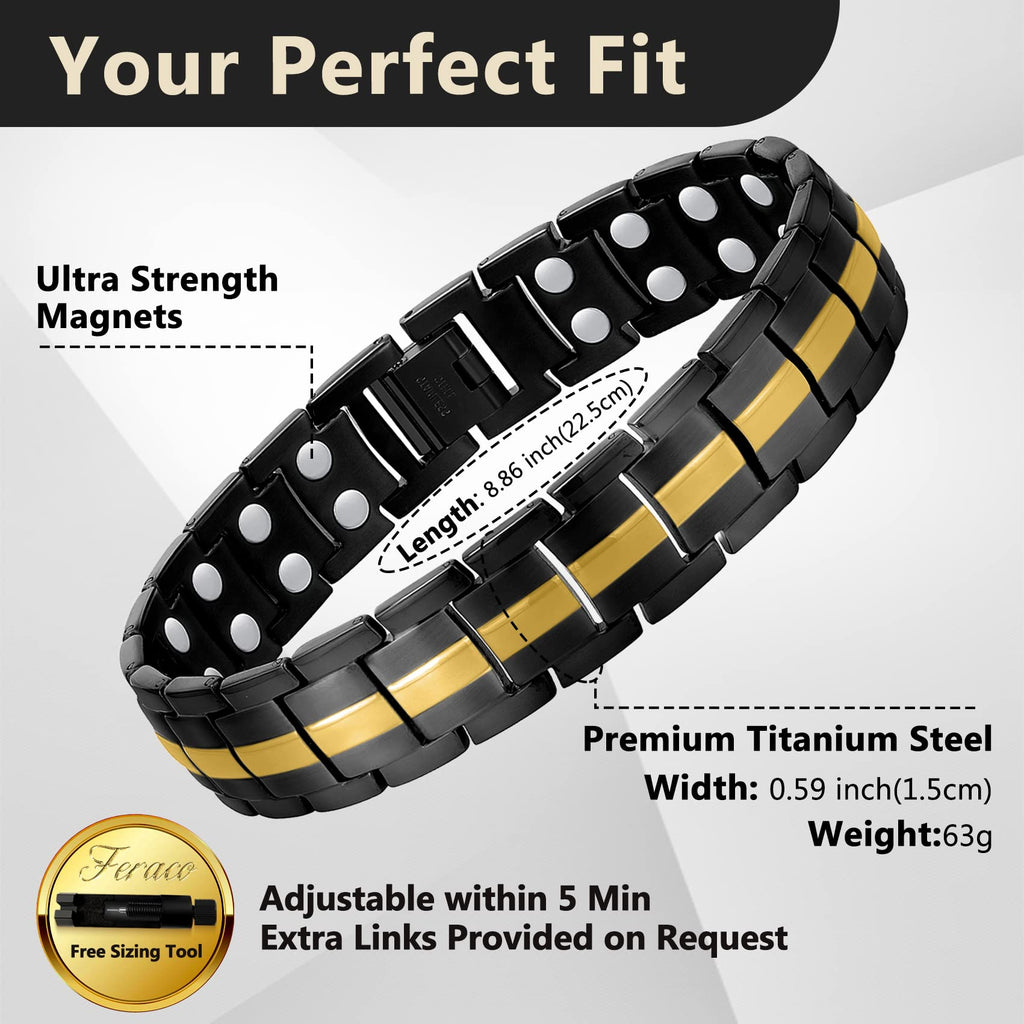 Feraco Magnetic Bracelet for Men Titanium Steel Magnetic Bracelet for Men with Double Row Magnets Adjustable (Black & Gold)