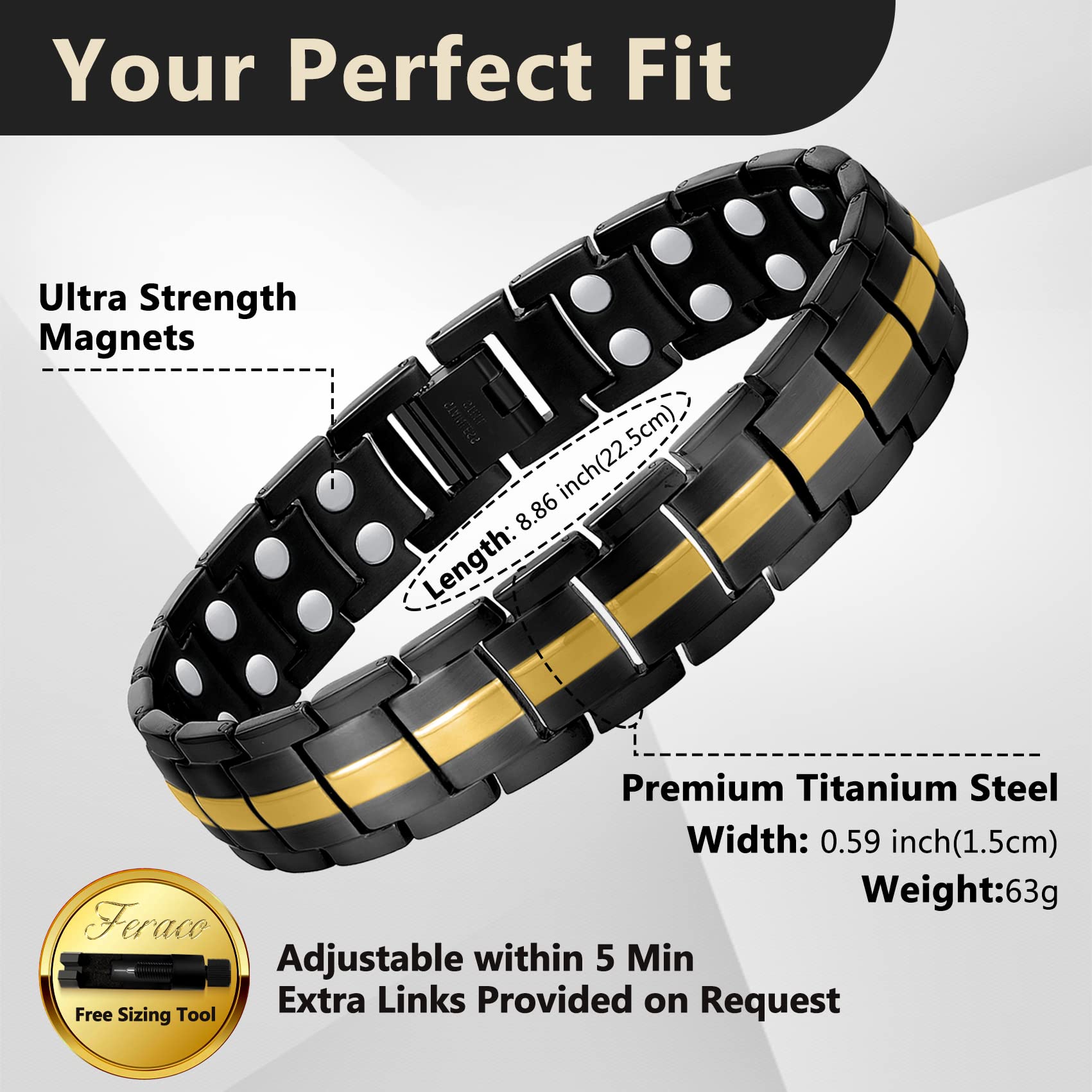 Feraco Magnetic Bracelet for Men Titanium Steel Magnetic Bracelet for Men with Double Row Magnets Adjustable (Black & Gold)