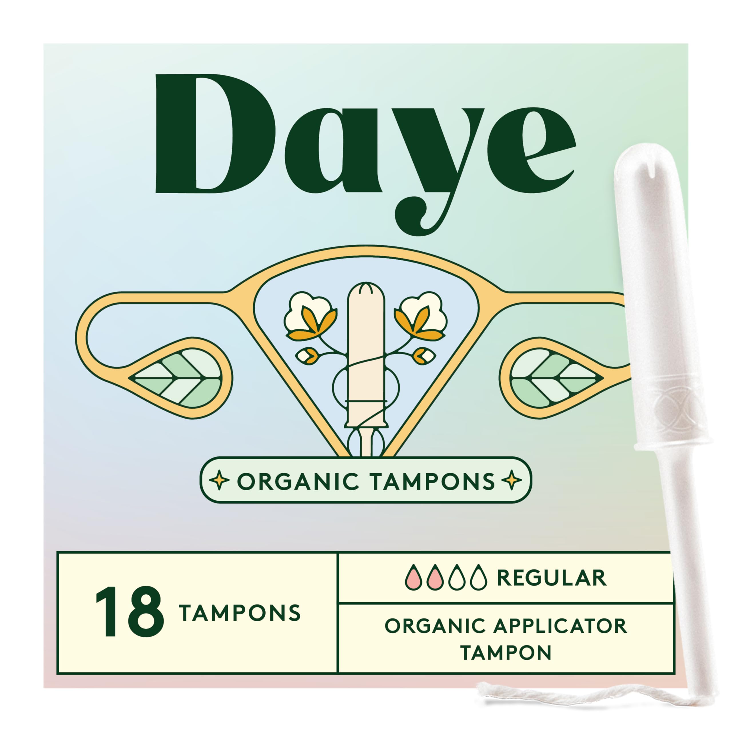 Daye Organic Tampons, 18 Ct, Regular Absorbency, Metal-Tested, No-Shed Sleeve, Gamma Ray Sanitized (Regular, 18, Count)