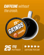 Grinds Coffee Pouches | Tobacco Free, Nicotine Free Healthy Alternative | 10 Cans of Caramel | 18 Pouches Per Can | 1 Pouch eq.