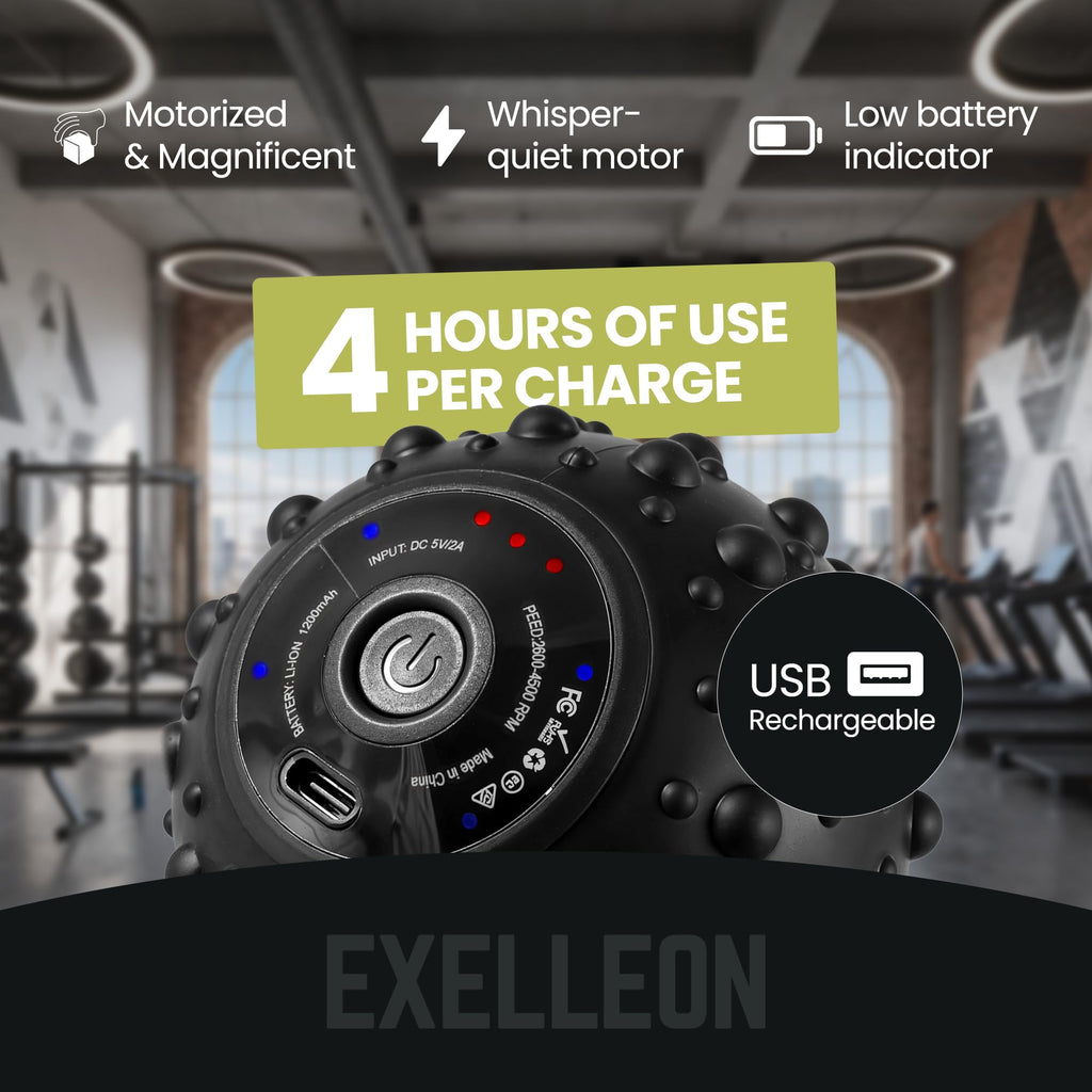EXELLEON 4-Speed Vibrating Massage Ball | Compact Rechargeable Roller | Adjustable Vibration | Quiet & Portable Design