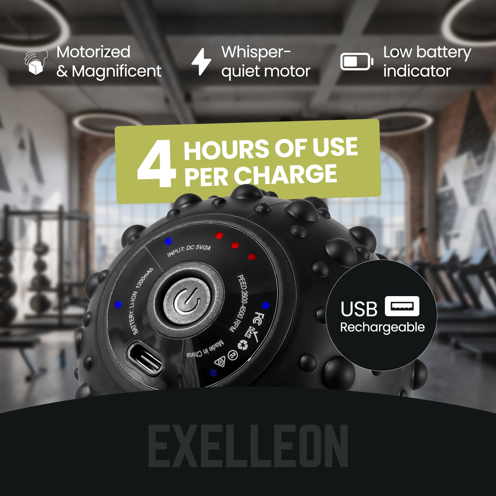 EXELLEON 4-Speed Vibrating Massage Ball | Compact Rechargeable Roller | Adjustable Vibration | Quiet & Portable Design