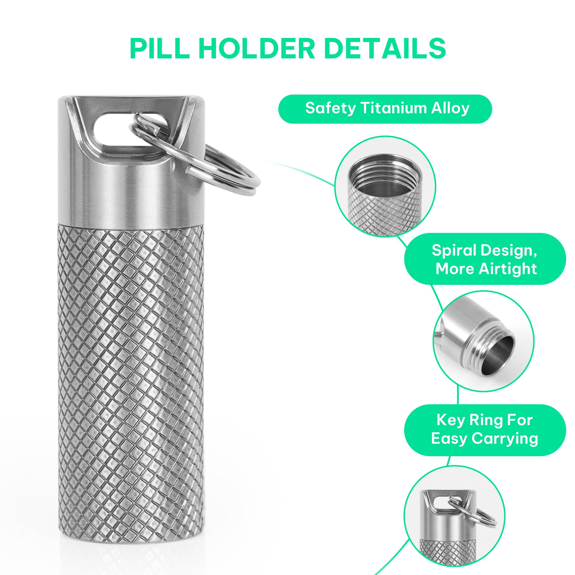 TISKY Portable Titanium Keychain Pill Holder(2pack), Pill Key Chain Container Waterproof,Pill Case Small Mini for Travel, Pill B