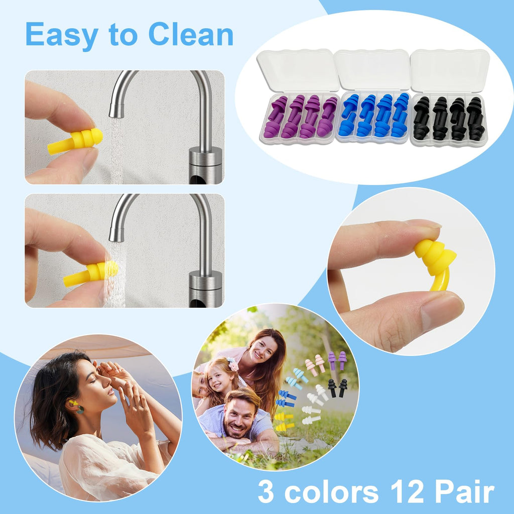 Ear Plugs for Sleeping,12 Pair Earplugs Noise Canceling Soft Silicone Ear Plug Reusable Earplugs for Sleep,Concert,Swimming,Stud