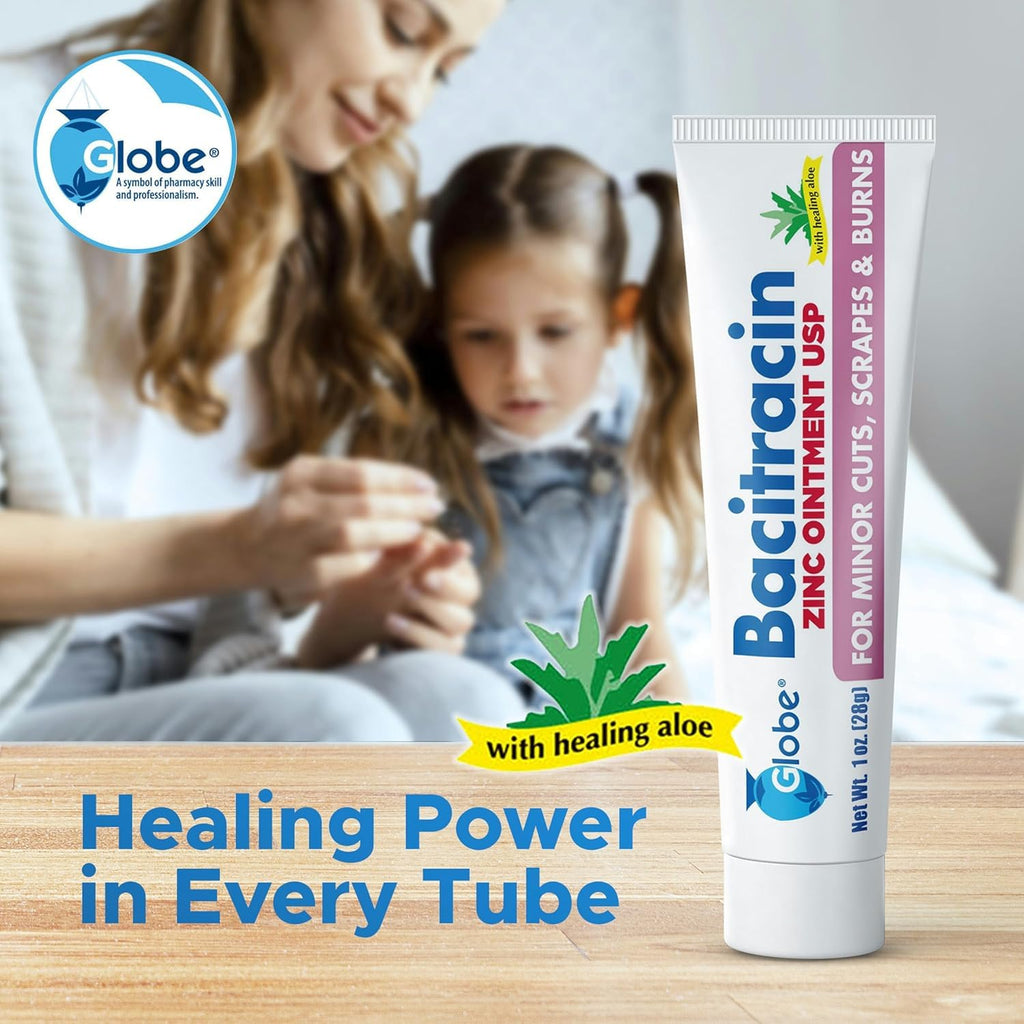 (4 Pack) Globe Bacitracin Zinc Ointment + Aloe 1oz, Antibiotic Ointment, Essential Antibiotic First Aid Supplies, Healing Action
