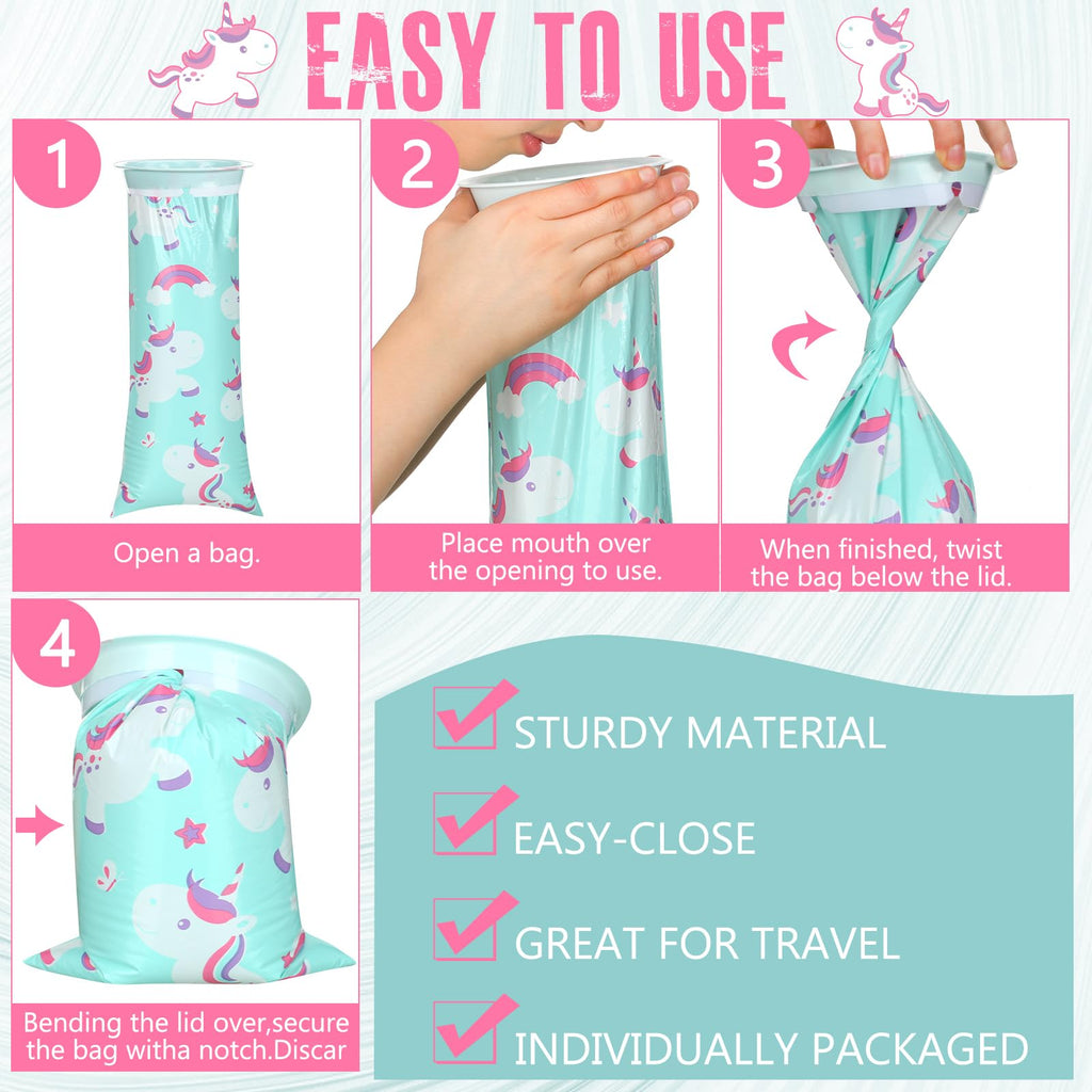 TrelaCo 50 Pack Kids Vomit Bags Disposable Nausea Emesis Travel Bags with Cute Unicorn 1000 ml Leak Proof Self Sealing for Motio