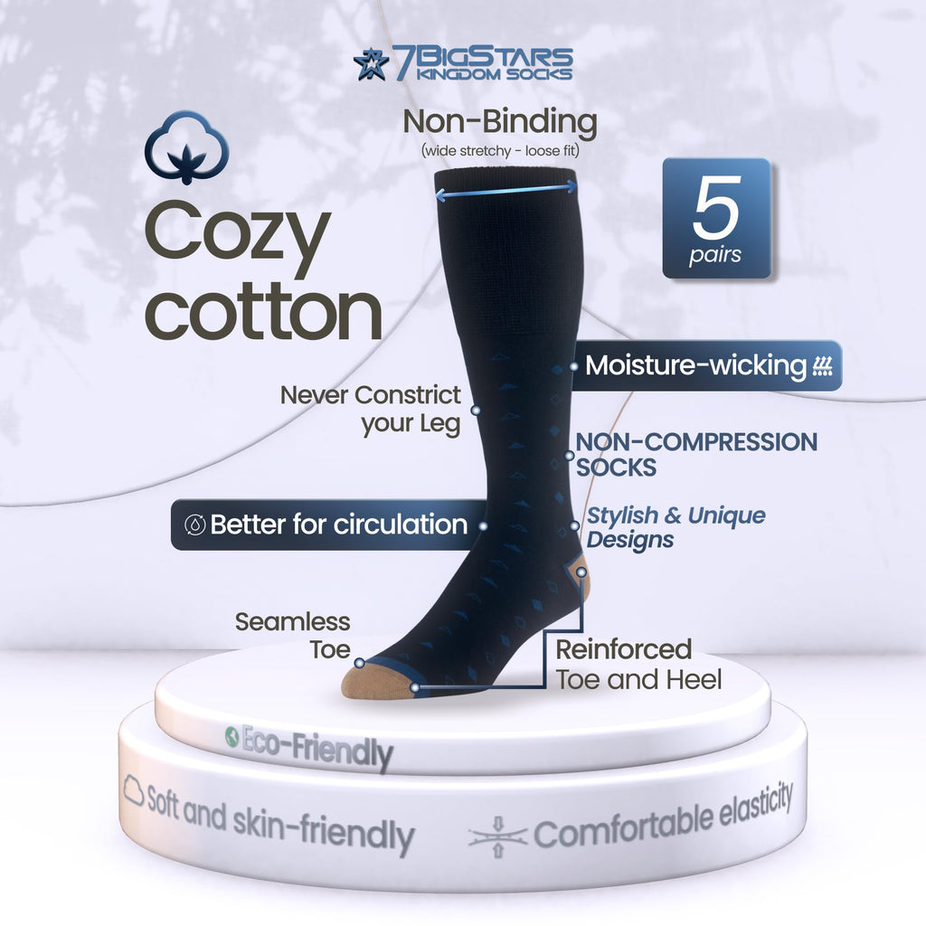 7BIGSTARS KINGDOM Men's Diabetic Cotton Mid Calf Socks - 5 Pack XLarge - Stripe Pattern - Sock Size 13-15 Shoe Size 12-15 XL Dar