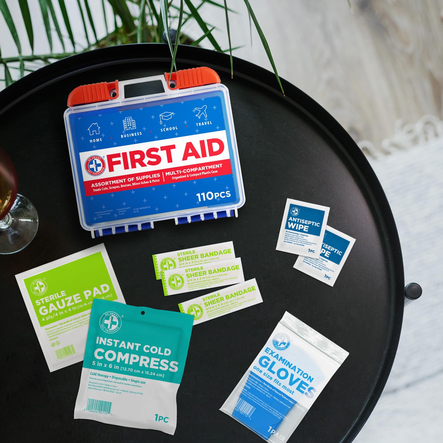 Be Smart Get Prepared 110 pc First Aid Kit: Clean, Treat, Protect Minor Cuts, Home, Office, Car, School, Business, Travel, Emerg