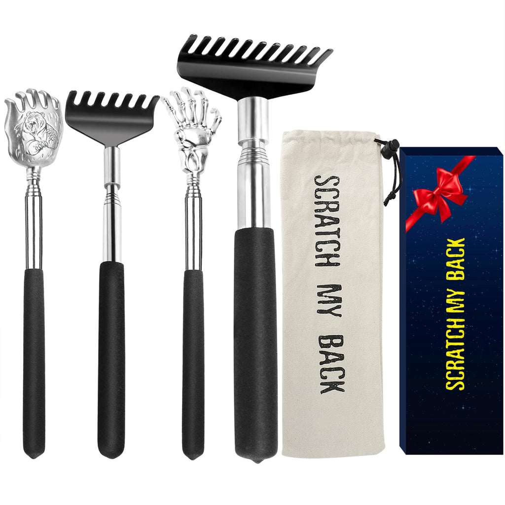 Oversized Back Scratcher Gift Set, 4 Pack Portable Extendable Stainless Steel Telescoping Massage Tool, Gift/Stocking Stuffers f