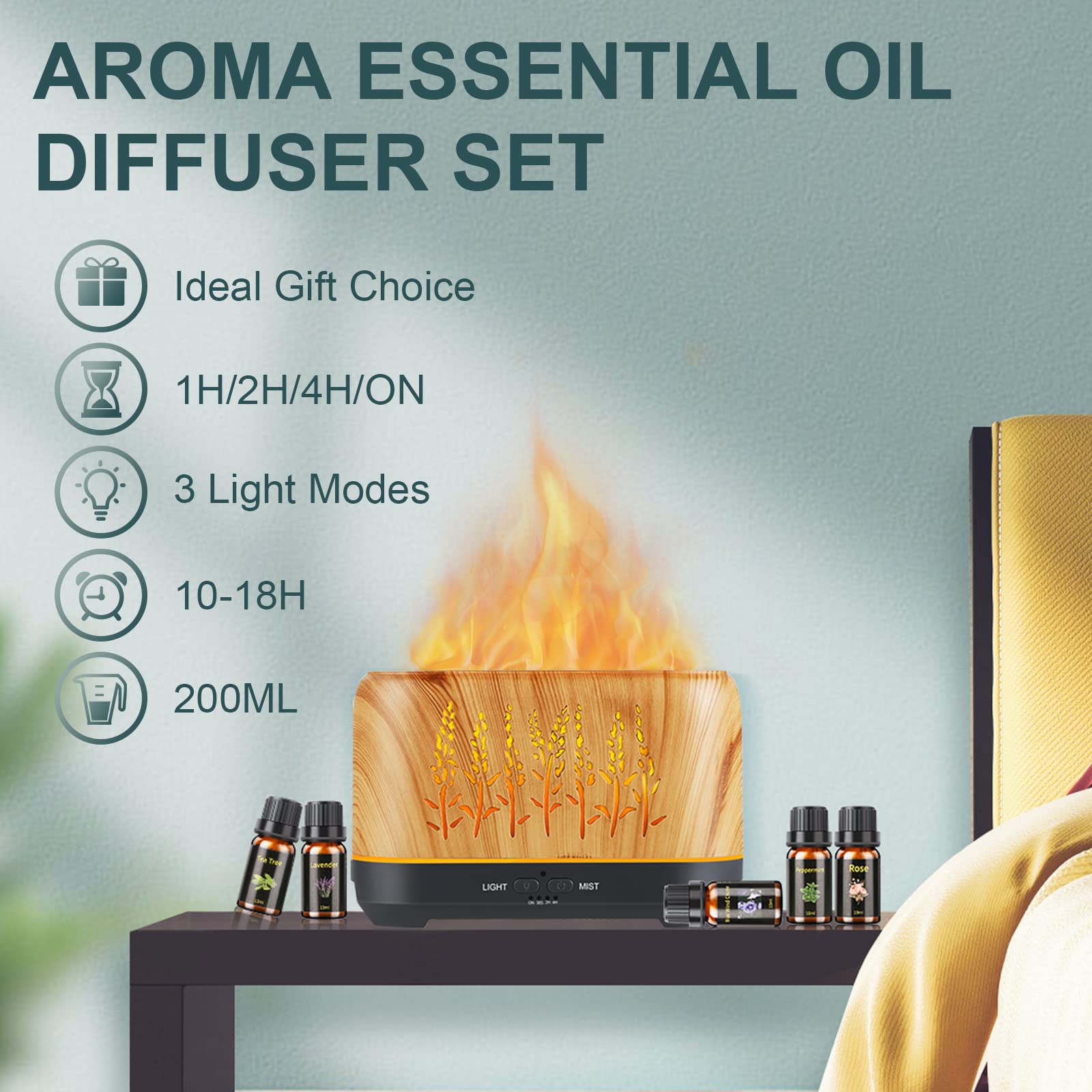 WJNB Diffusers for Home, Ultrasonic Flame Oil Diffuser, Aromatherapy Diffuser for Essential Oils Large Room, 4 Timer 2 Mist Cool