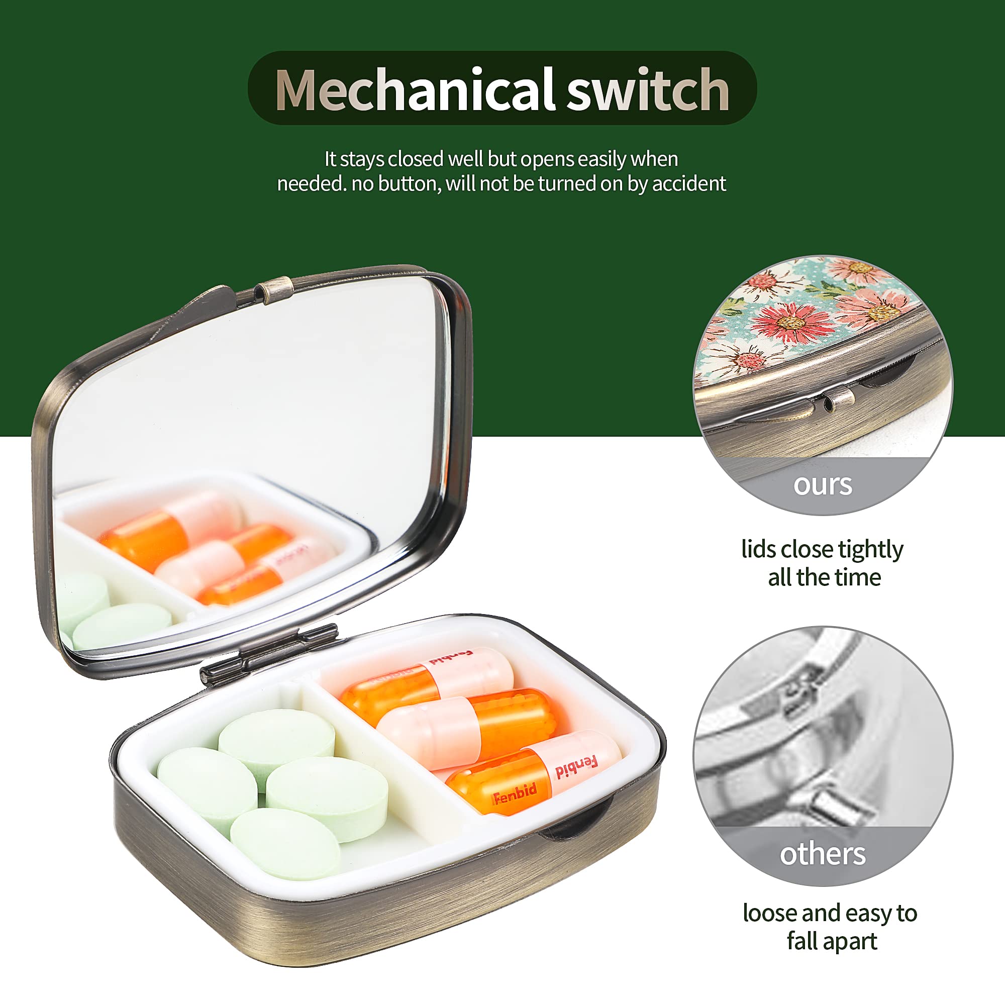 Dynippy Pill Case Pill Box with Mirror Retro Pocket 2 Compartment Medicine Case Vitamin Pill Organizer for Pocket Purse and Trav