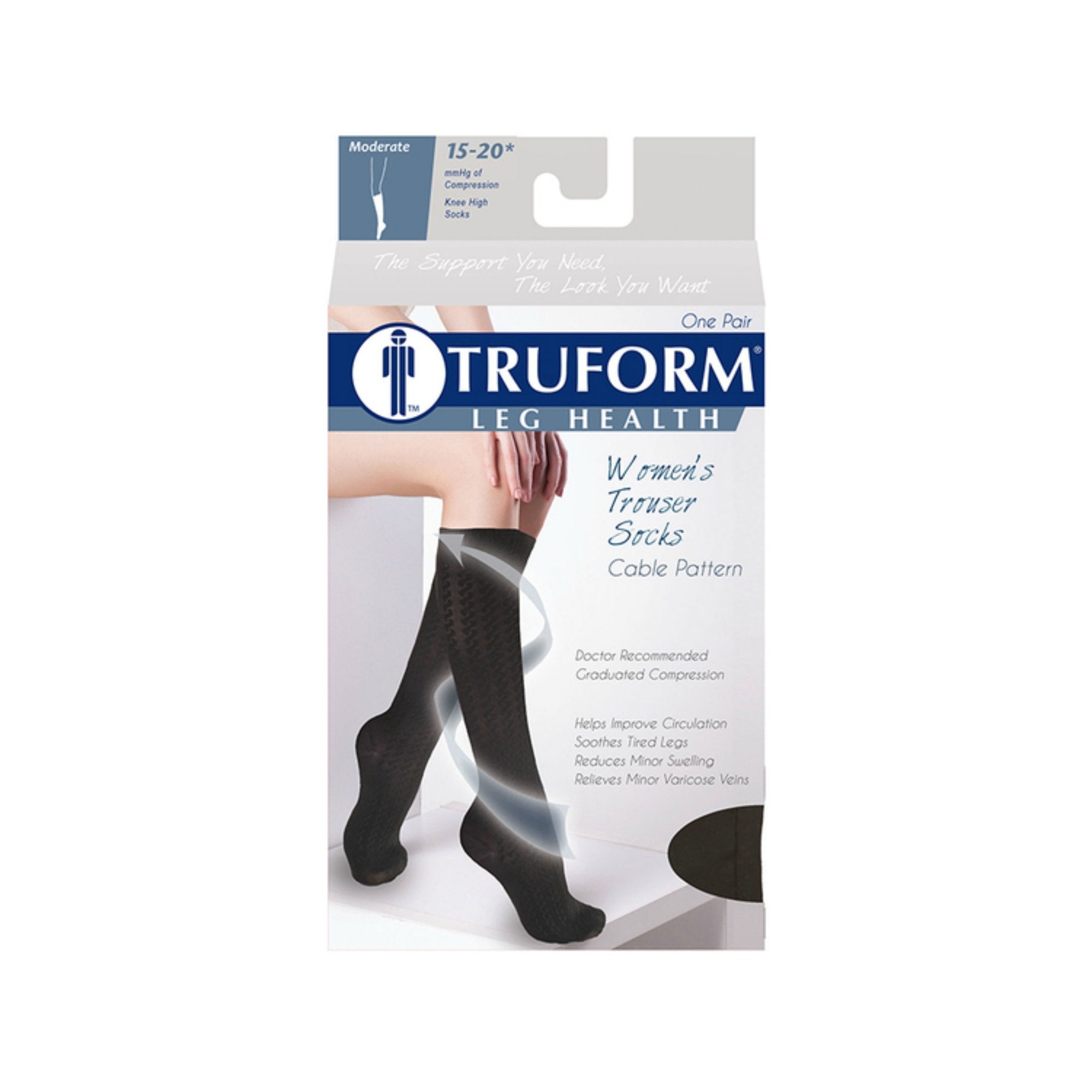 Truform Compression Socks, 15-20 mmHg, Women's Dress Socks, Knee High Over Calf Length, Black Cable Knit, Large