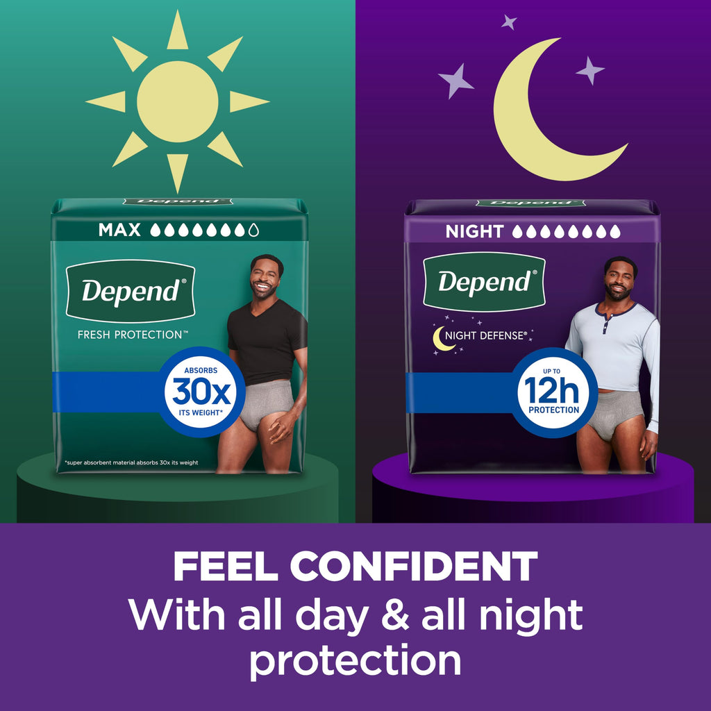 Depend Night Defense Adult Diapers, Incontinence Underwear for Men, Disposable, Overnight, Extra-Large, Grey, 12 Count, Packagin