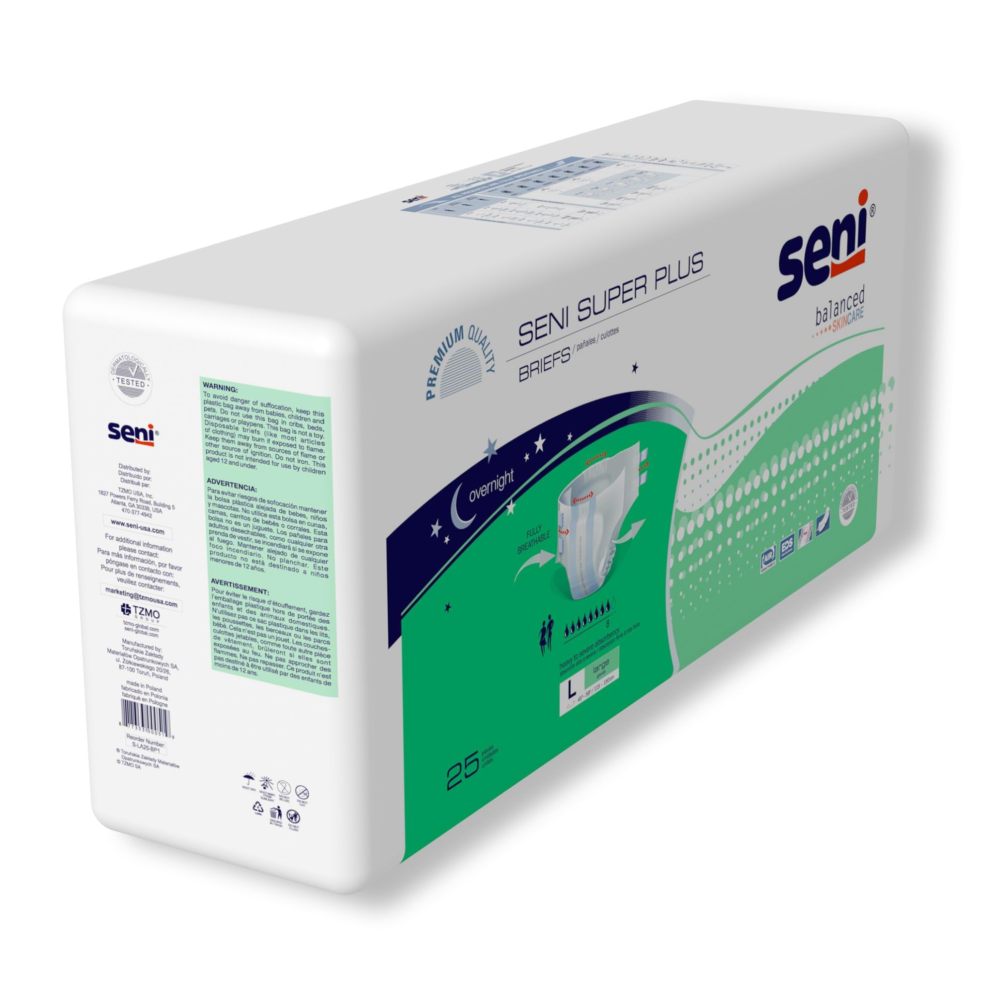 Seni Super Plus Adult Incontinence Brief L Heavy Absorbency Breathable/Overnight, S-LA25-BP1, Severe, 75 Ct